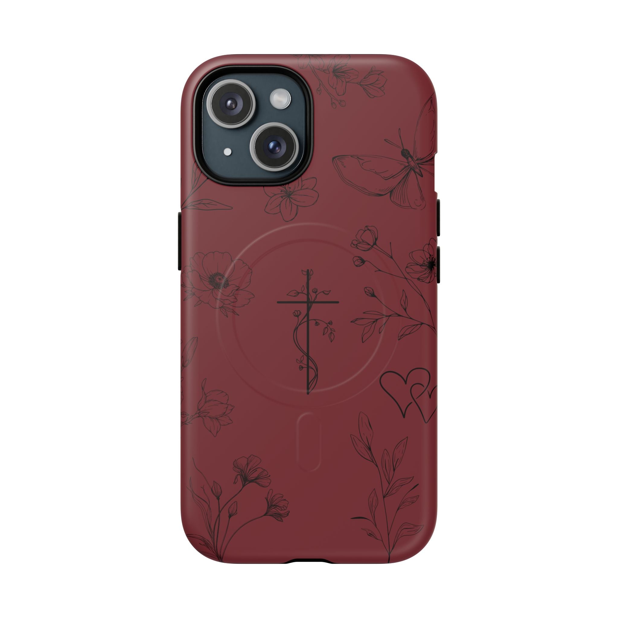 Floral Cross Tough Magnetic Phone Case — Burgundy Protective Cover