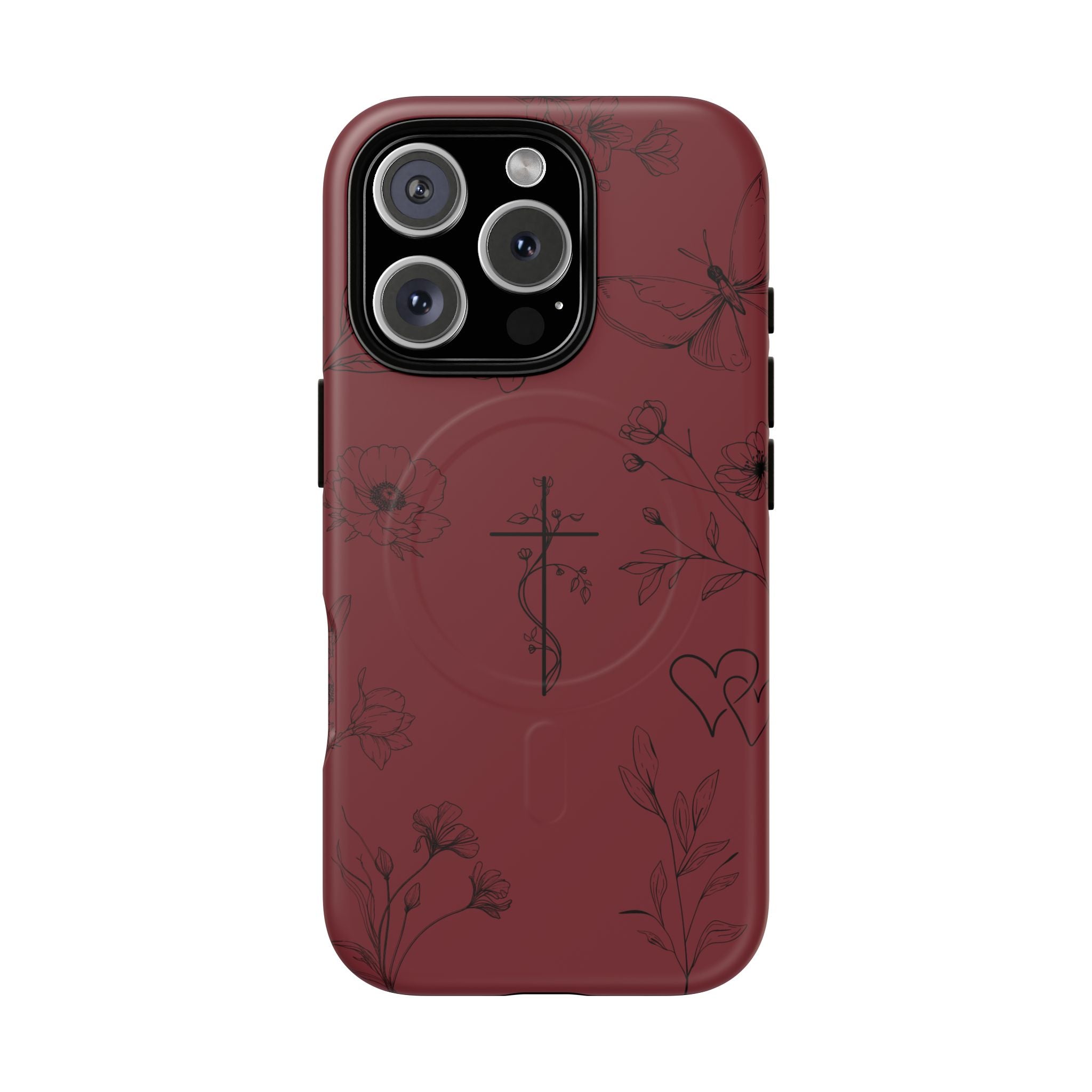 Floral Cross Tough Magnetic Phone Case — Burgundy Protective Cover
