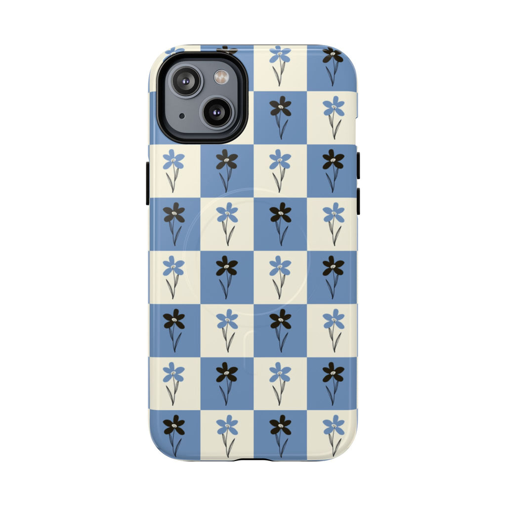Floral Checkered Phone Case — Blue Vintage Flower Tough Magnetic Case