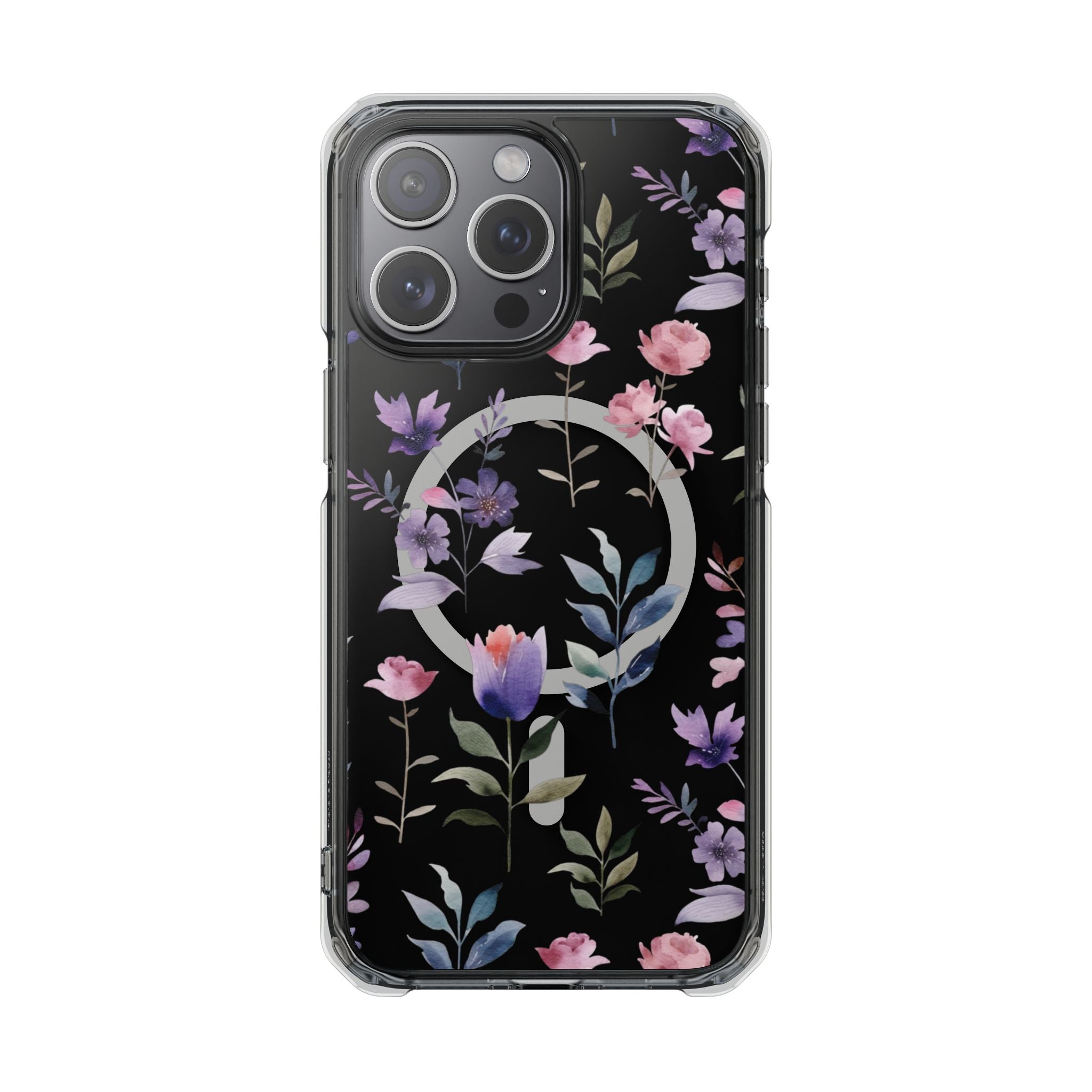 Clear Magnetic Phone Case – Floral Black MagSafe-Compatible Protective Cover