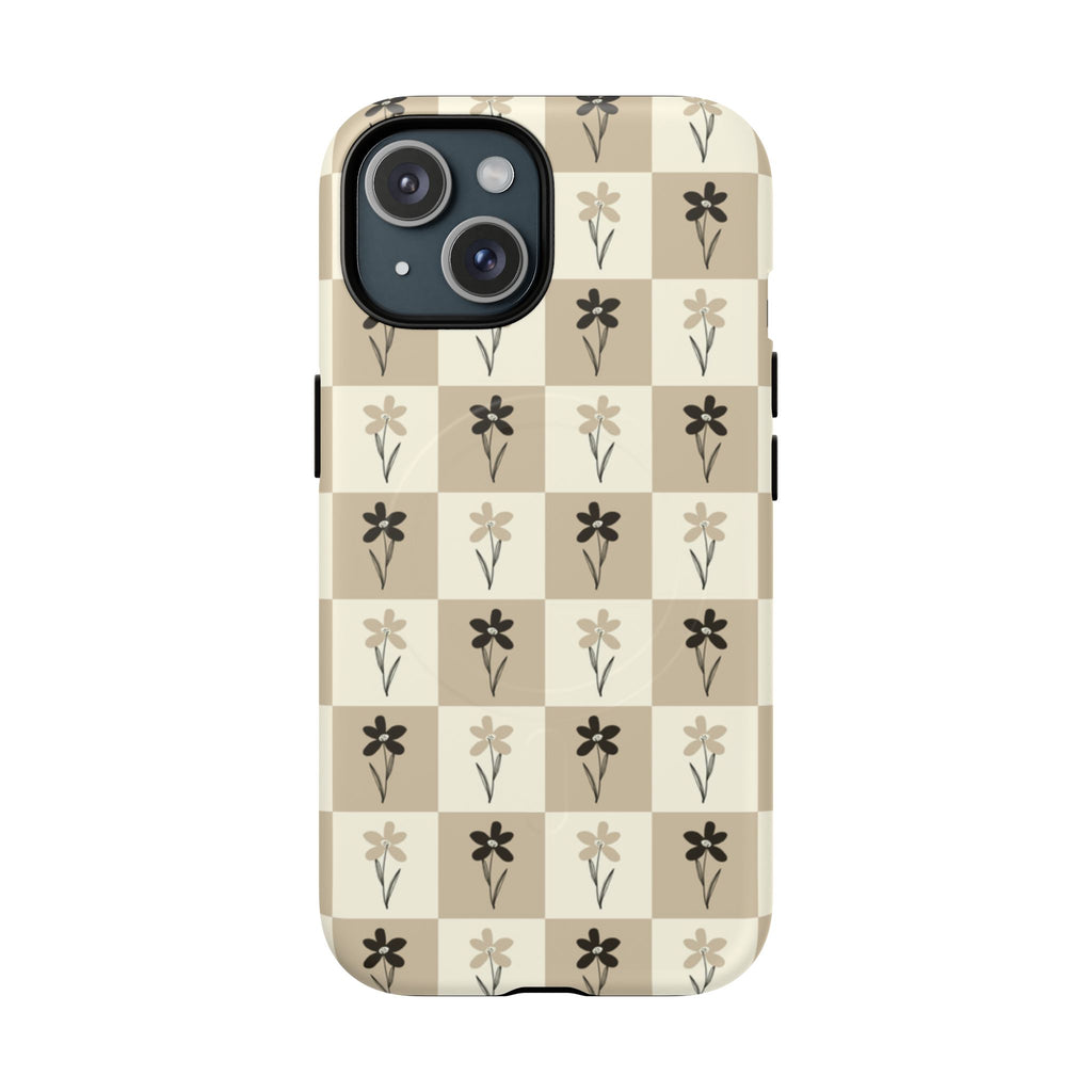 Floral Checkered Tough Magnetic Phone Case — Beige Vintage Flower Grid
