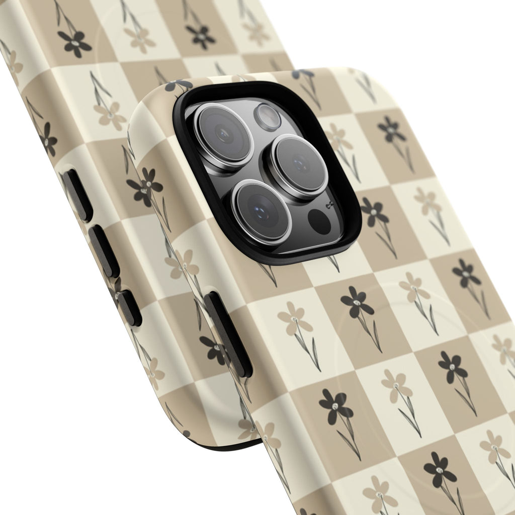 Floral Checkered Tough Magnetic Phone Case — Beige Vintage Flower Grid