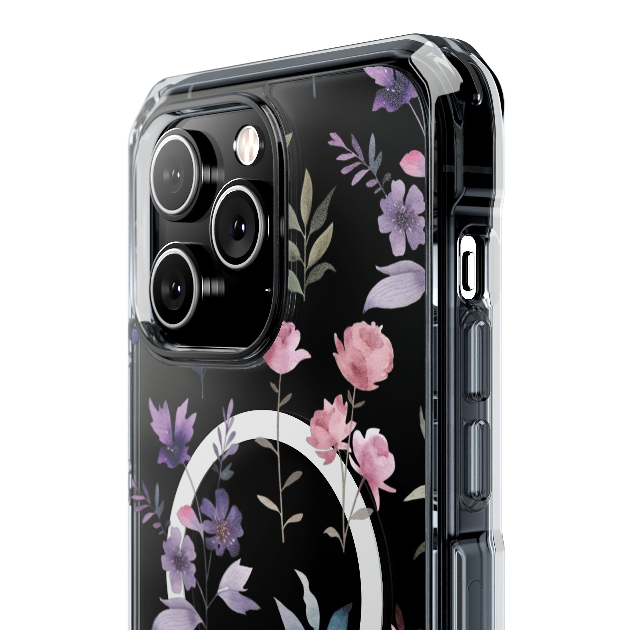 Clear Magnetic Phone Case – Floral Black MagSafe-Compatible Protective Cover