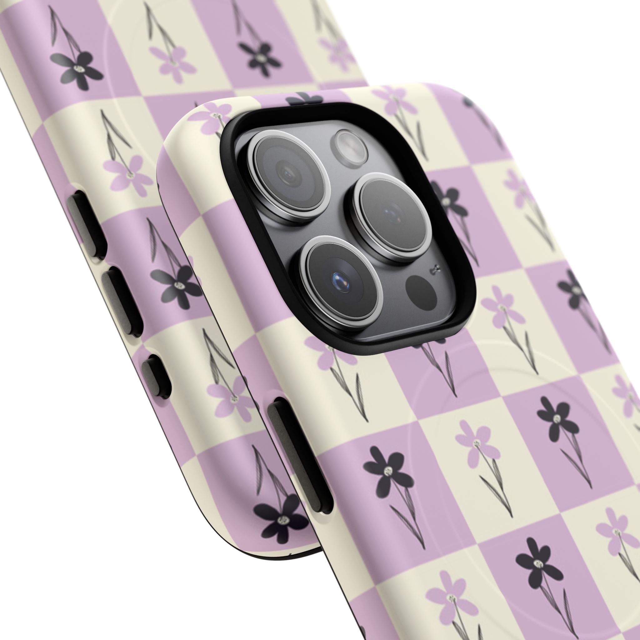 Floral Check Pattern Tough Magnetic Phone Case — Lavender Retro Grid