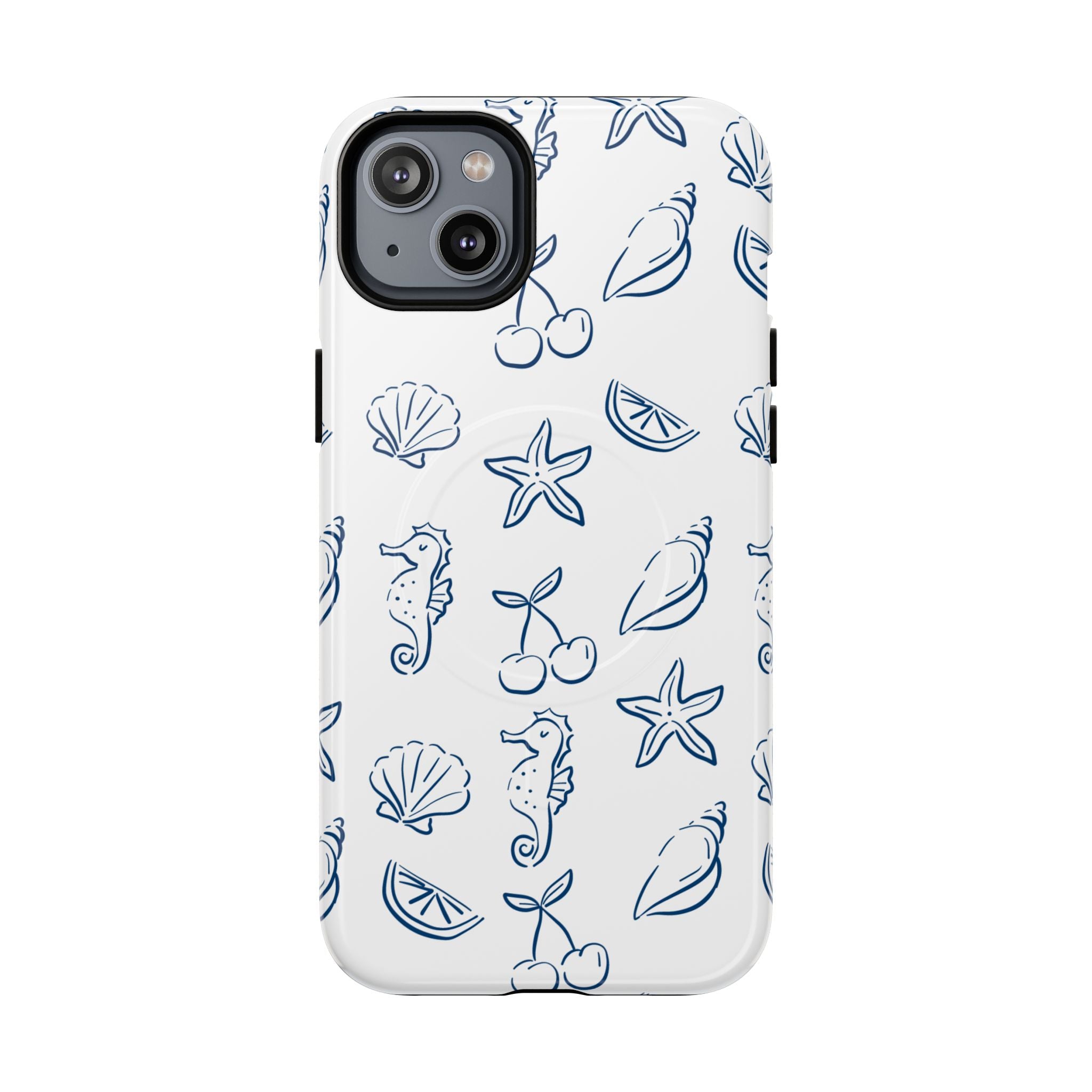 Nautical Sketch Magnetic Phone Case — Seahorse & Seashell Pattern