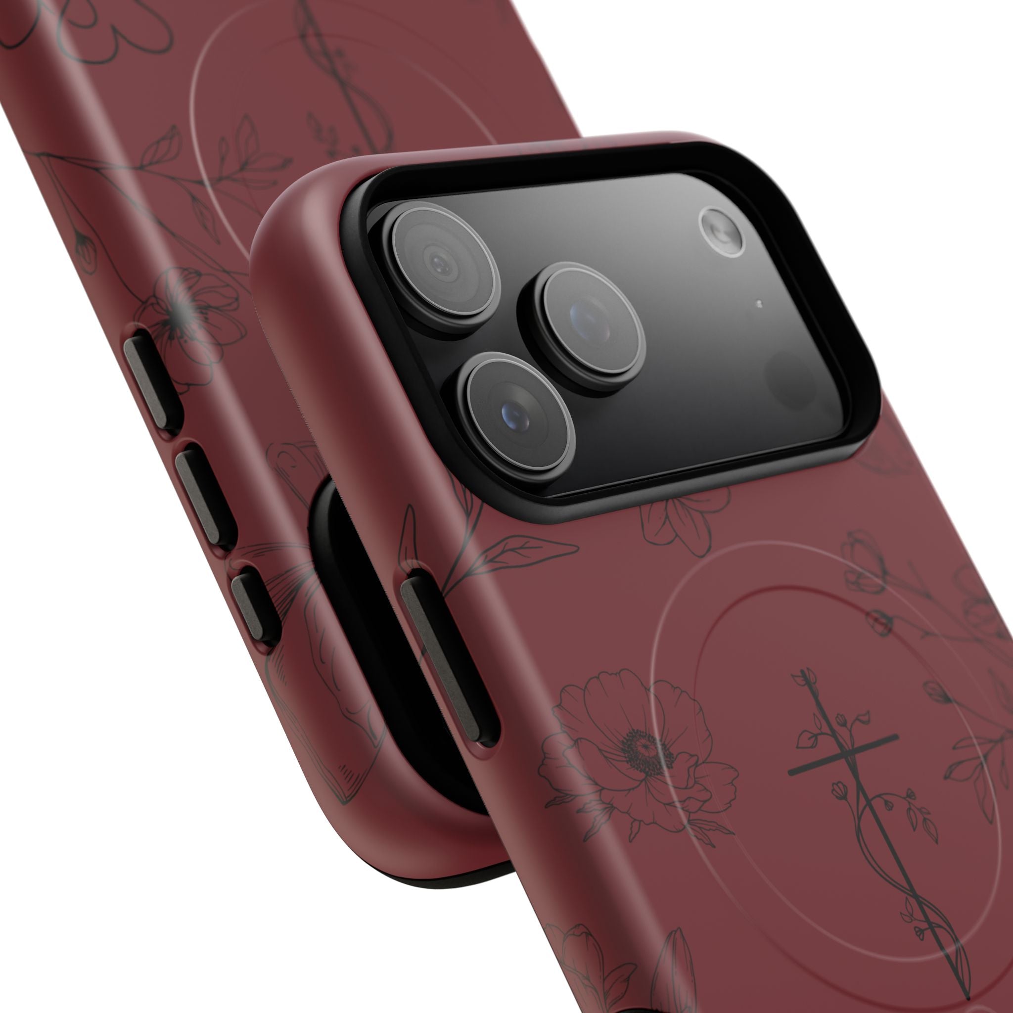 Floral Cross Tough Magnetic Phone Case — Burgundy Protective Cover