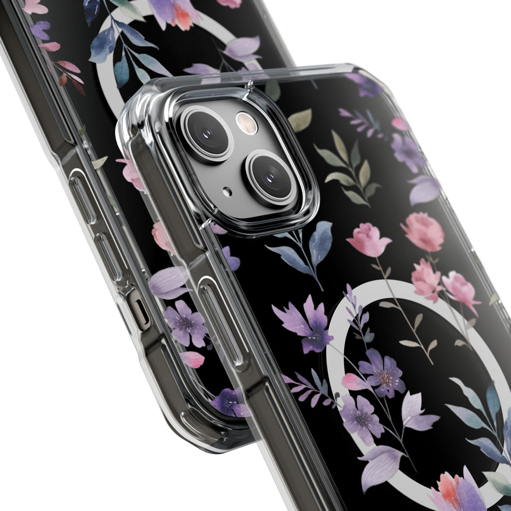 Clear Magnetic Phone Case – Floral Black MagSafe-Compatible Protective Cover