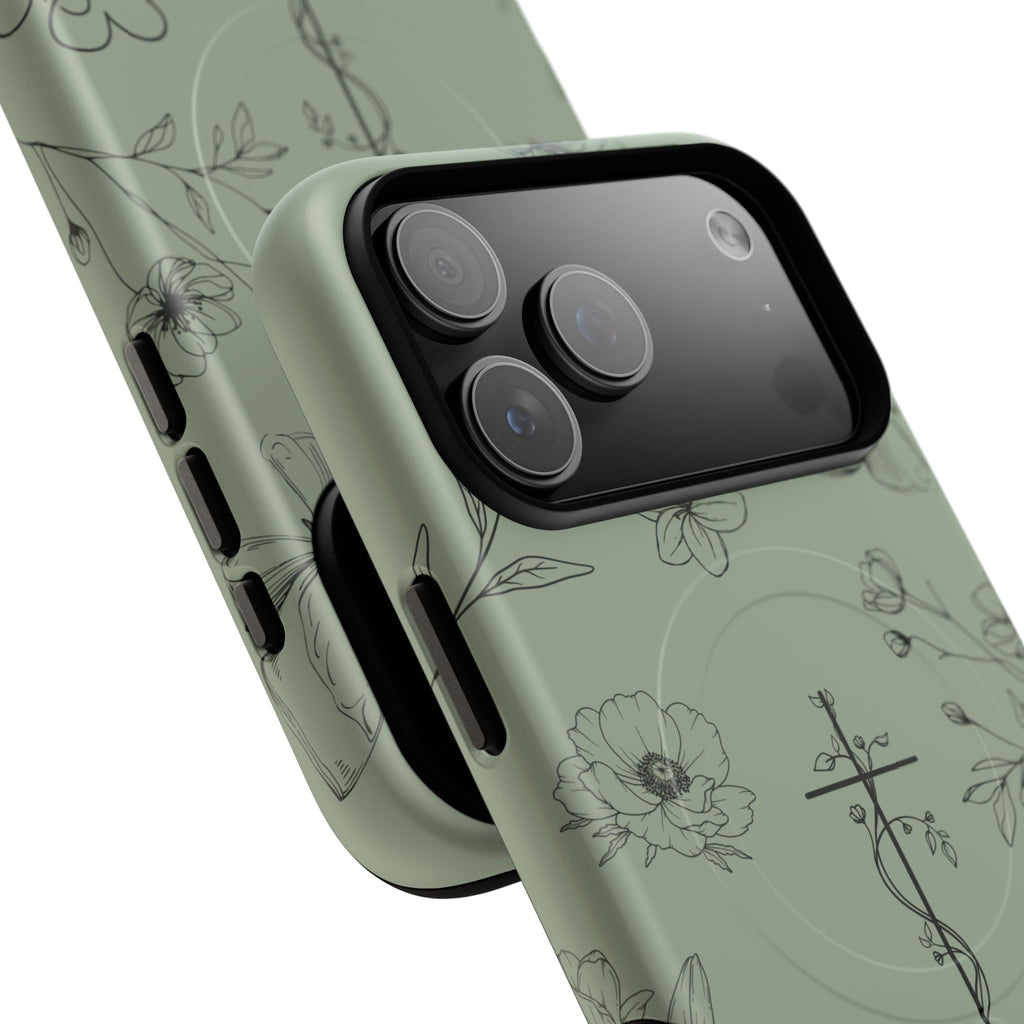 MagSafe phone case - sage green floral cross design
