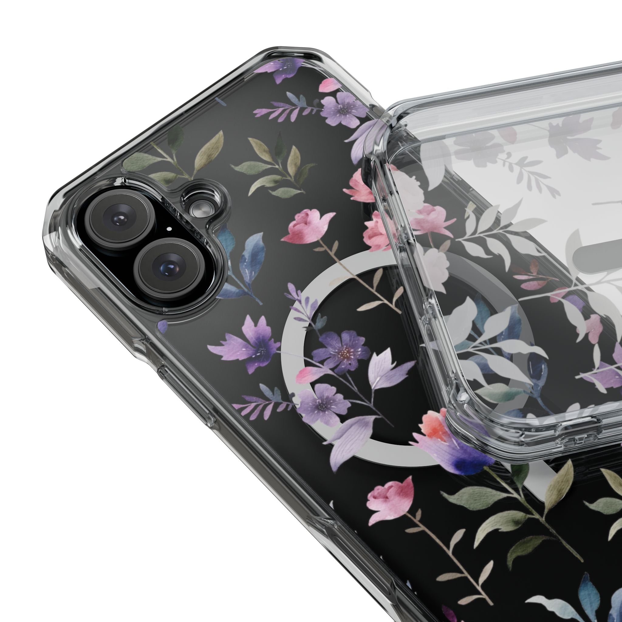 Clear Magnetic Phone Case – Floral Black MagSafe-Compatible Protective Cover