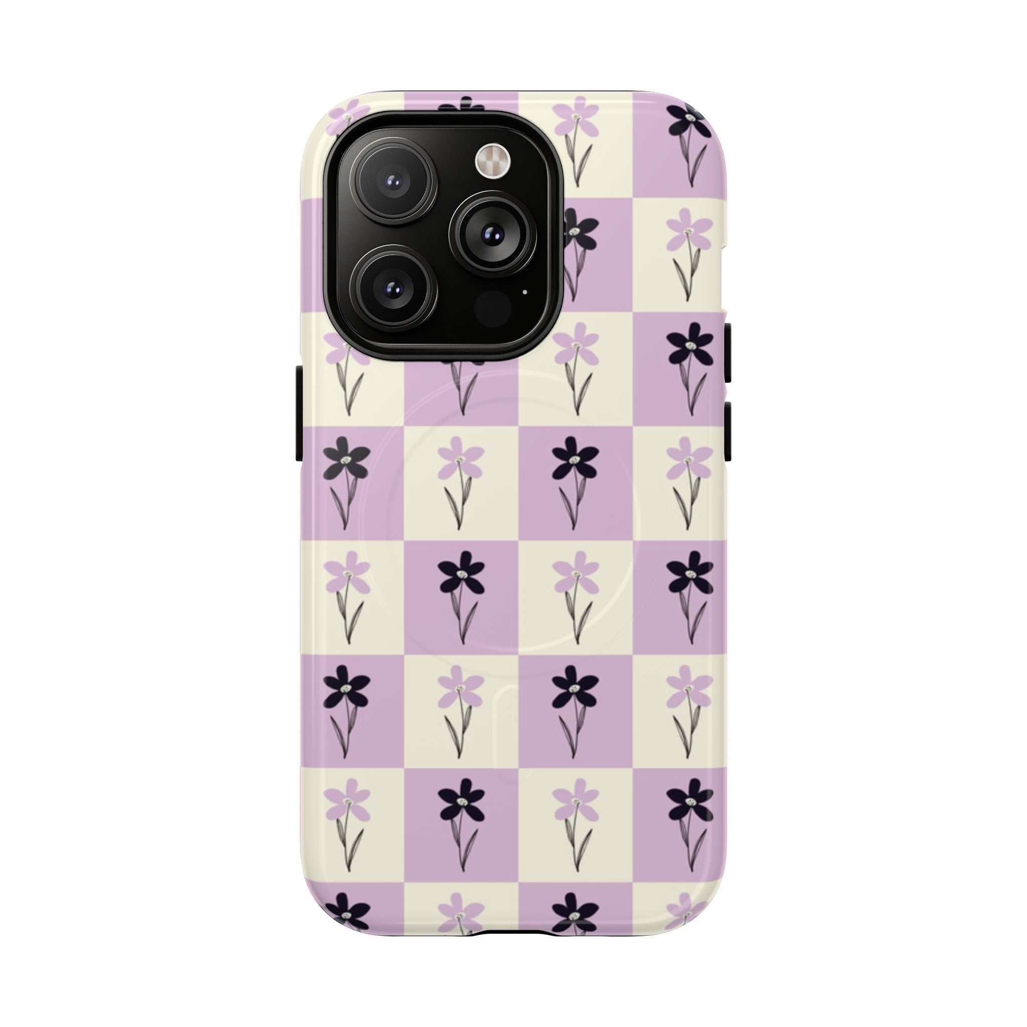 Floral Check Pattern Tough Magnetic Phone Case — Lavender Retro Grid