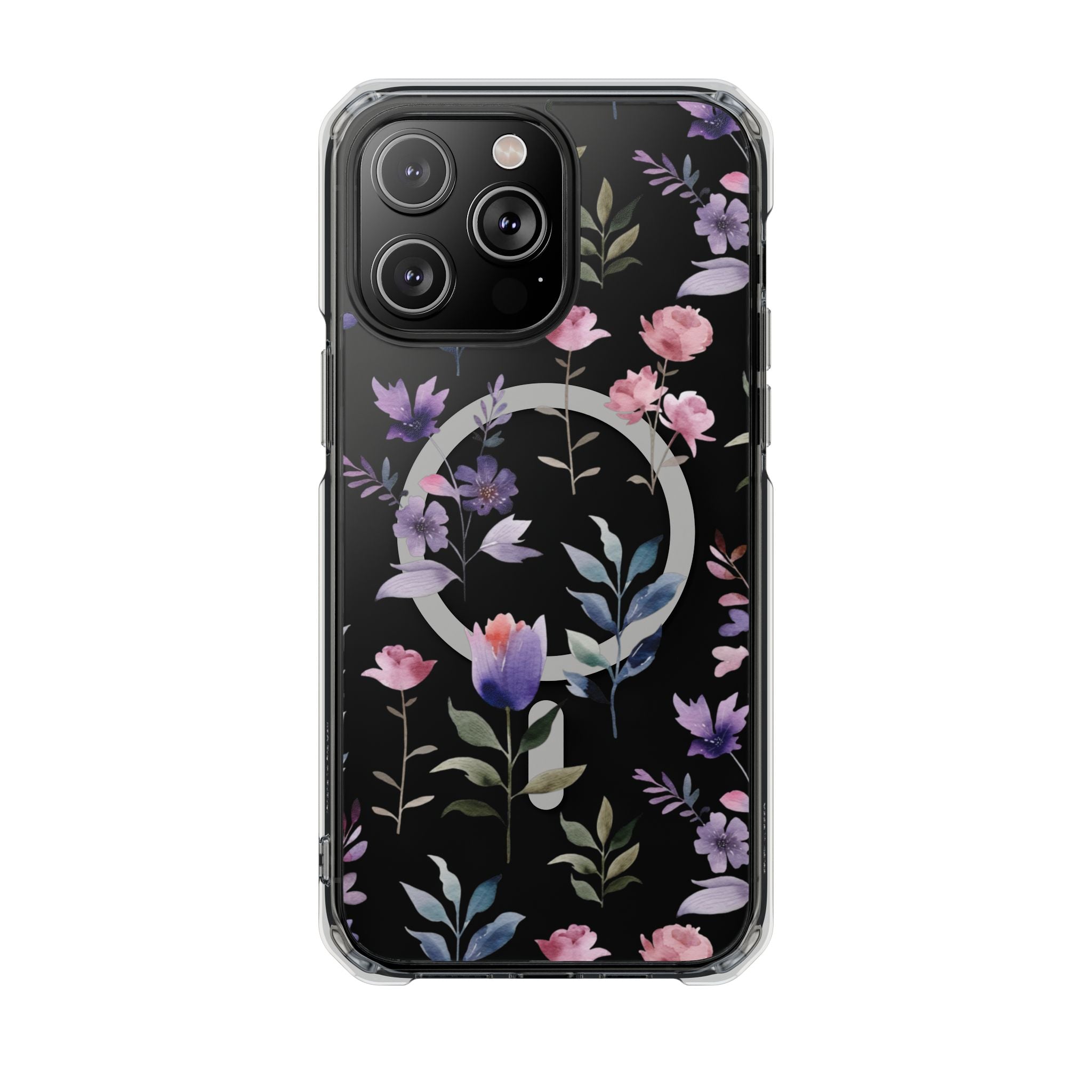 Clear Magnetic Phone Case – Floral Black MagSafe-Compatible Protective Cover