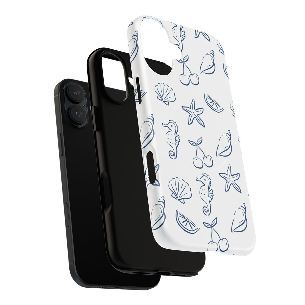 Nautical Sketch Magnetic Phone Case — Seahorse & Seashell Pattern