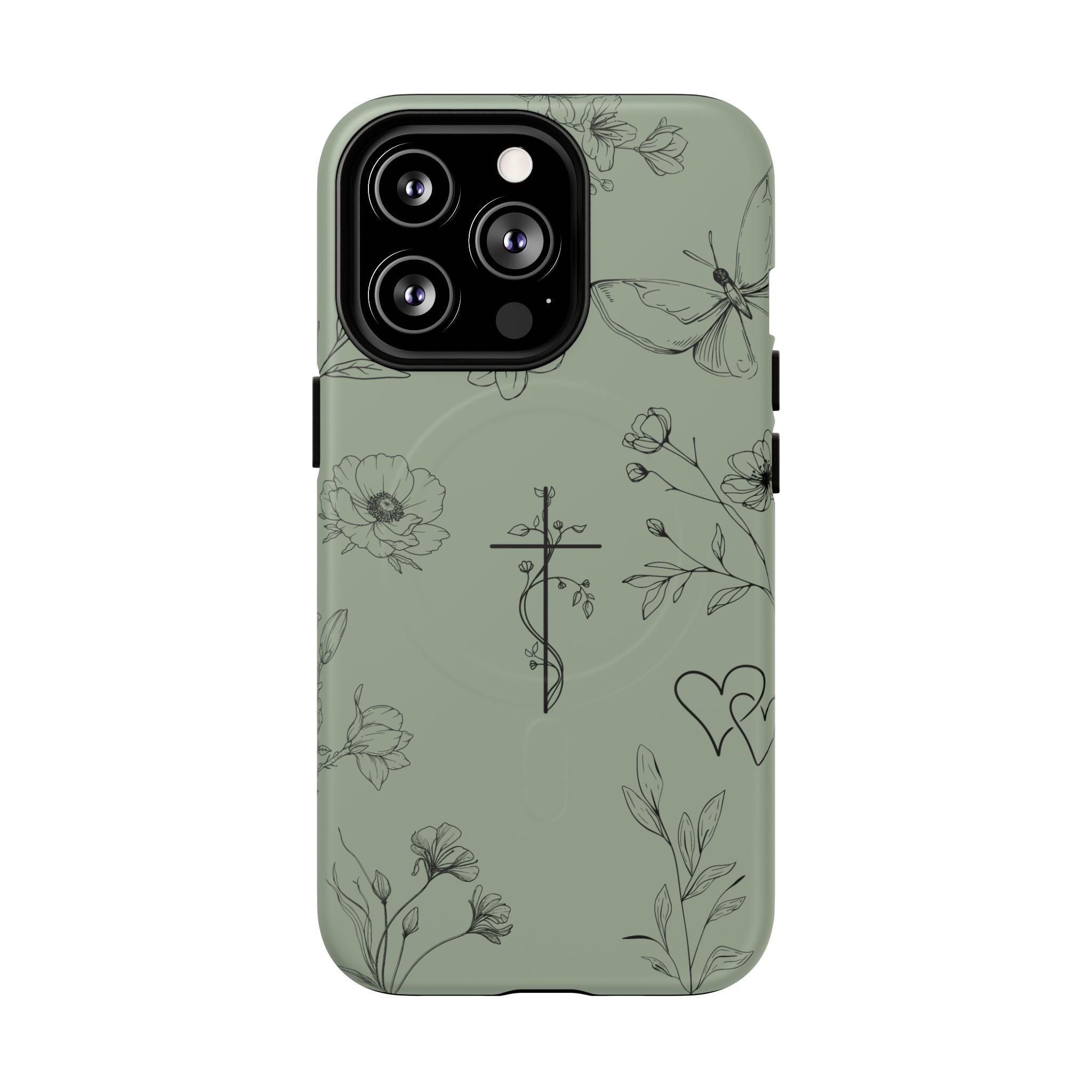 MagSafe phone case - sage green floral cross design