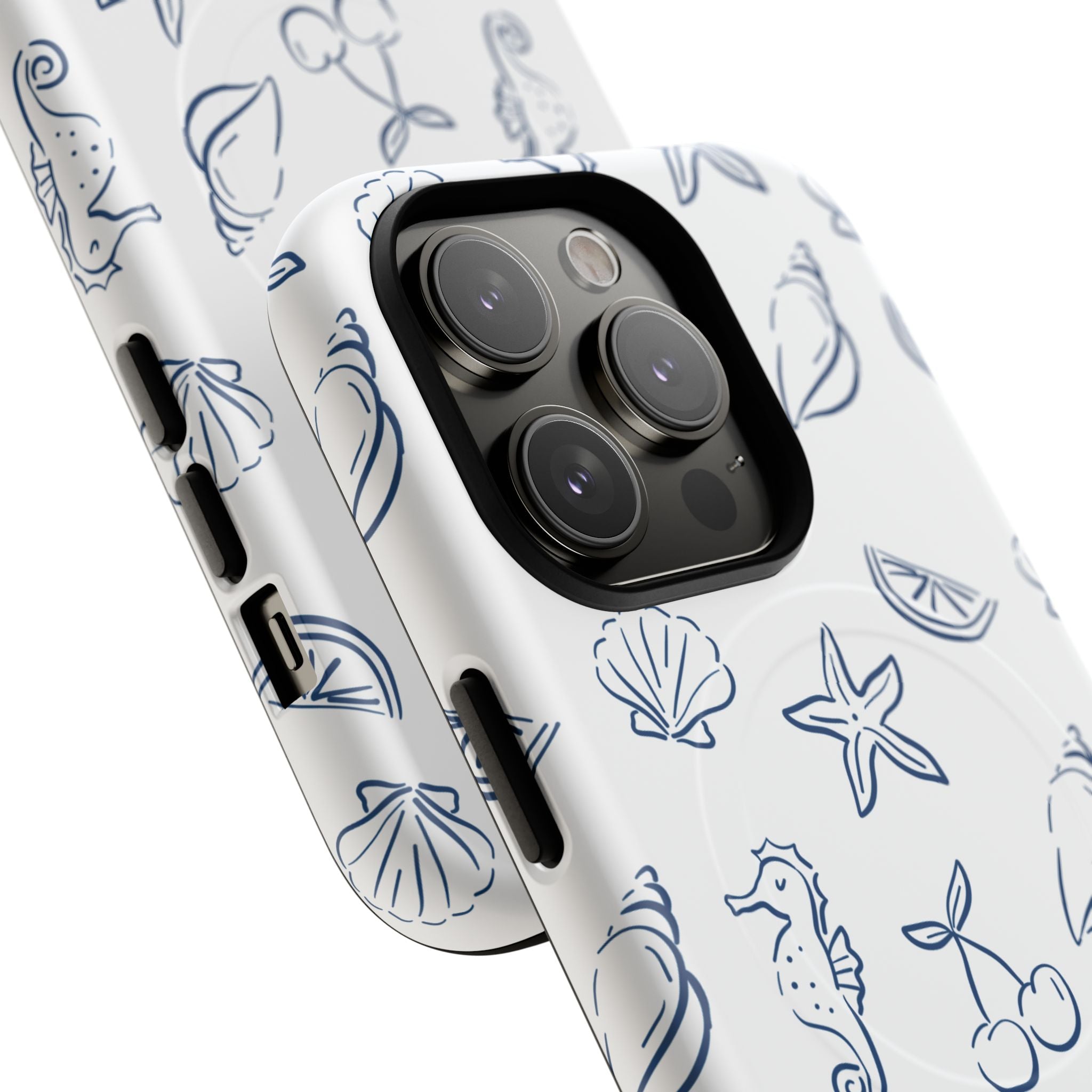 Nautical Sketch Magnetic Phone Case — Seahorse & Seashell Pattern