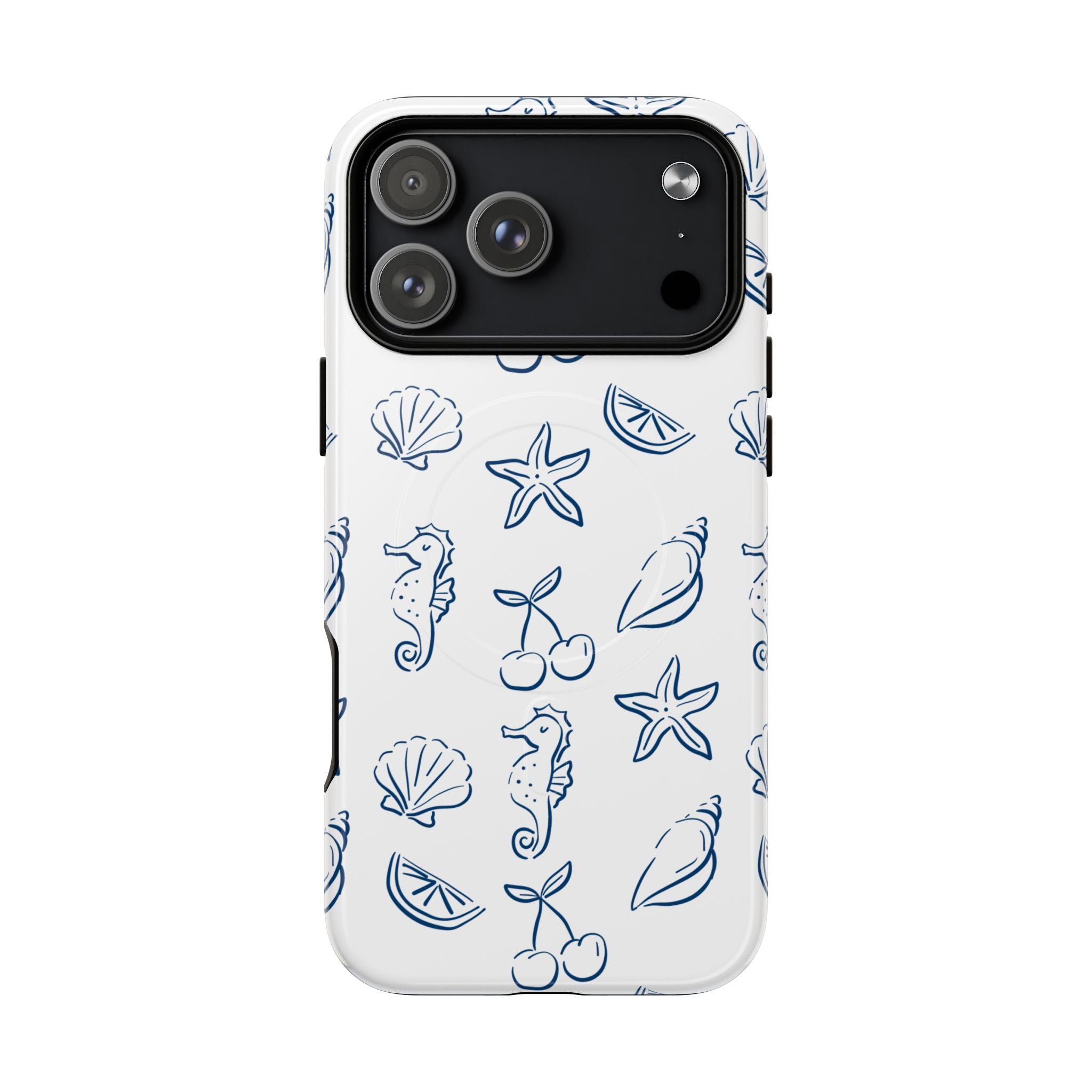 Nautical Sketch Magnetic Phone Case — Seahorse & Seashell Pattern