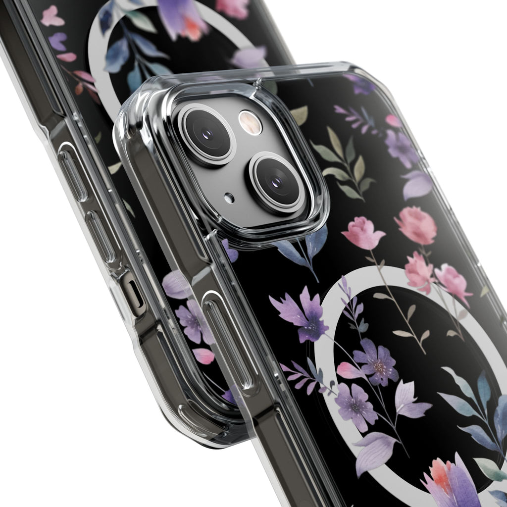 Clear Magnetic Phone Case – Floral Black MagSafe-Compatible Protective Cover