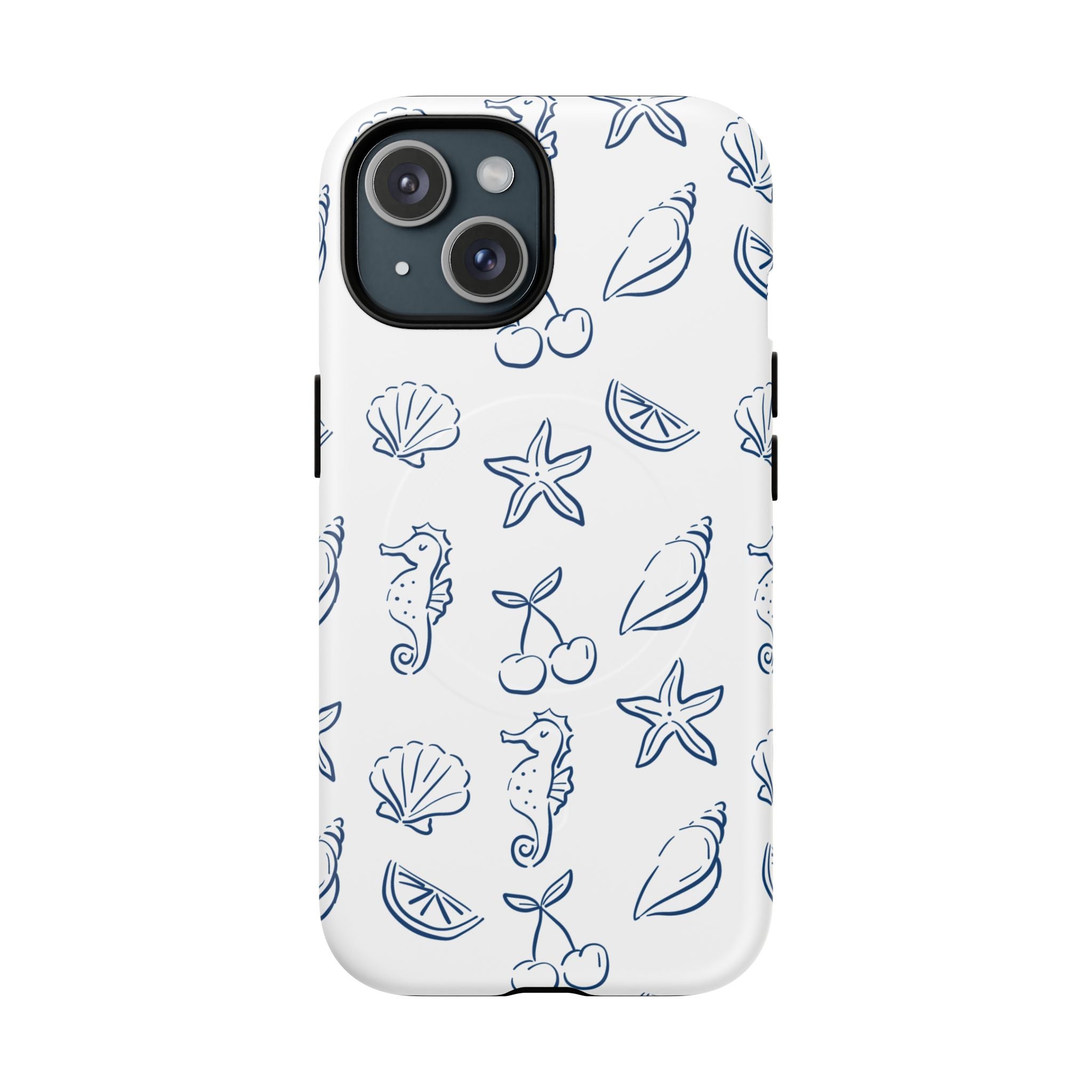 Nautical Sketch Magnetic Phone Case — Seahorse & Seashell Pattern