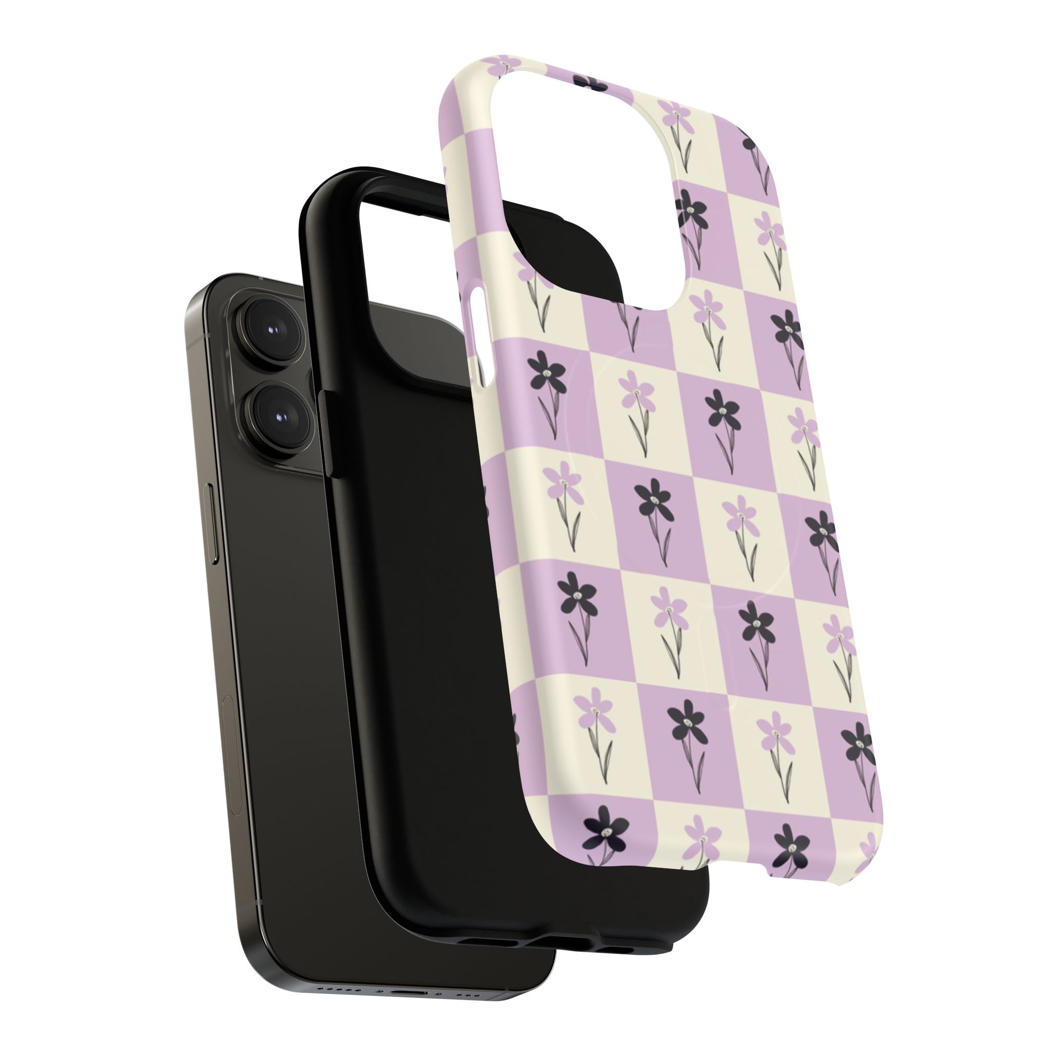 Floral Check Pattern Tough Magnetic Phone Case — Lavender Retro Grid