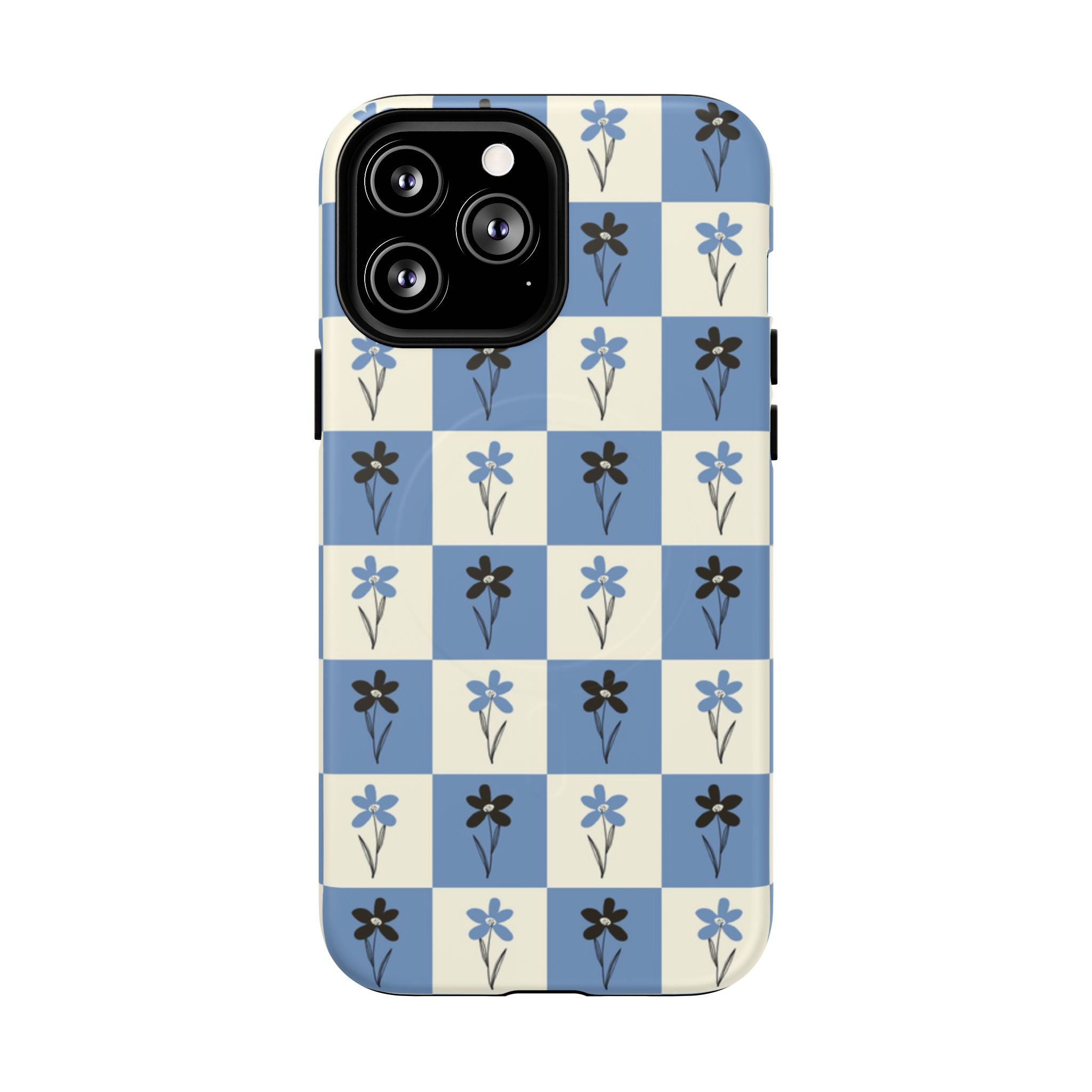 Floral Checkered Phone Case — Blue Vintage Flower Tough Magnetic Case