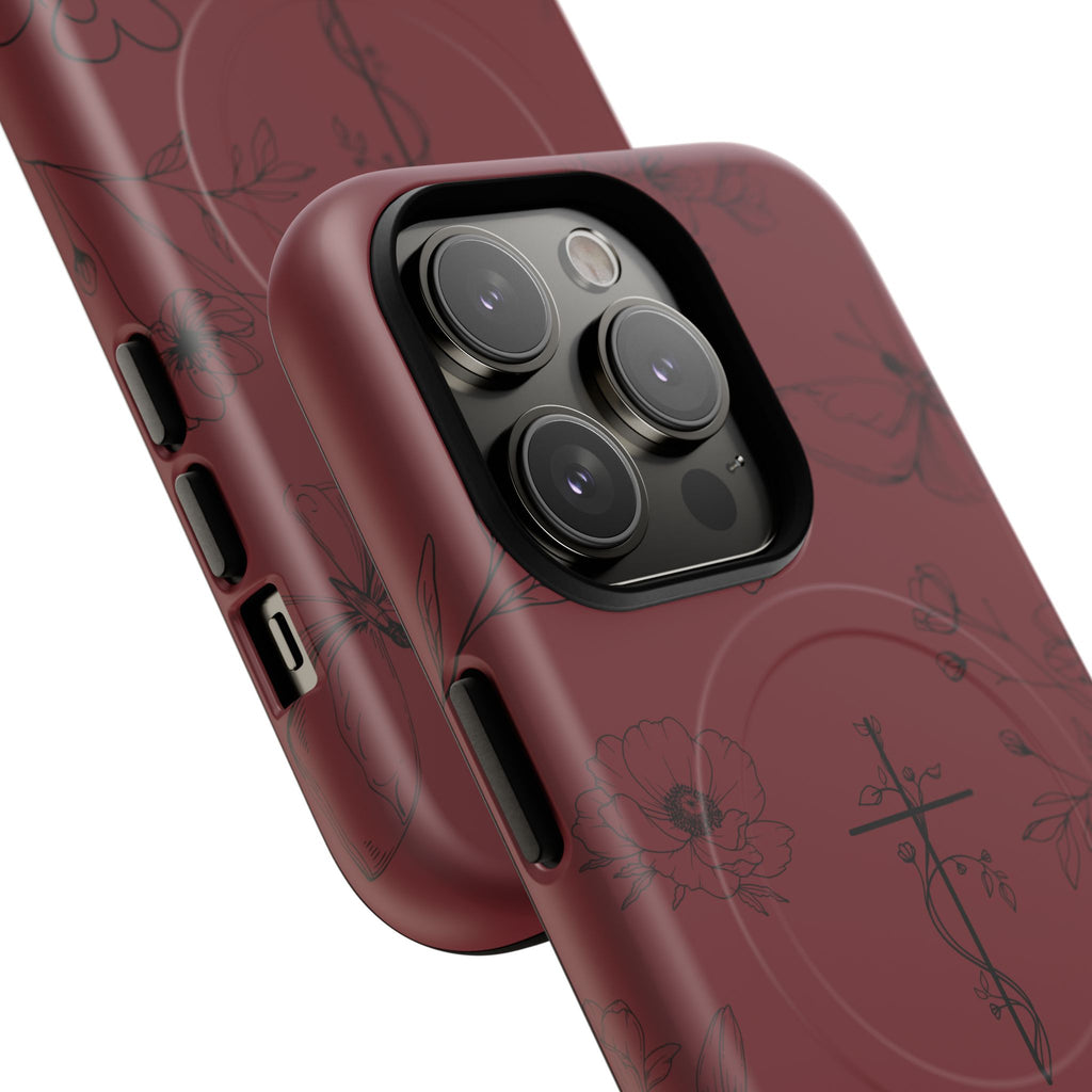 Floral Cross Tough Magnetic Phone Case — Burgundy Protective Cover