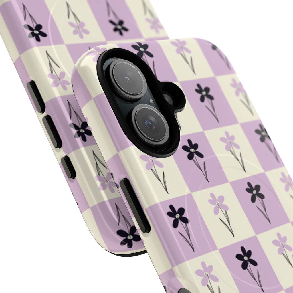 Floral Check Pattern Tough Magnetic Phone Case — Lavender Retro Grid