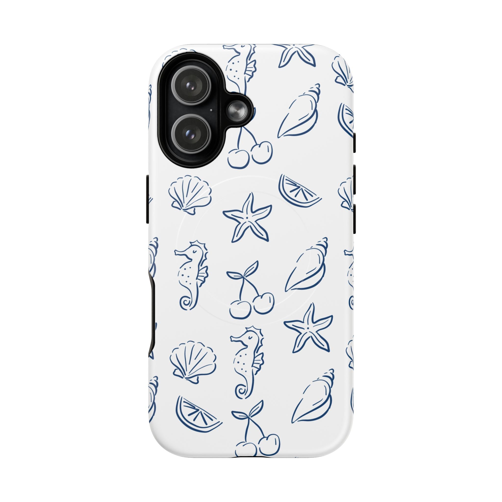 Nautical Sketch Magnetic Phone Case — Seahorse & Seashell Pattern