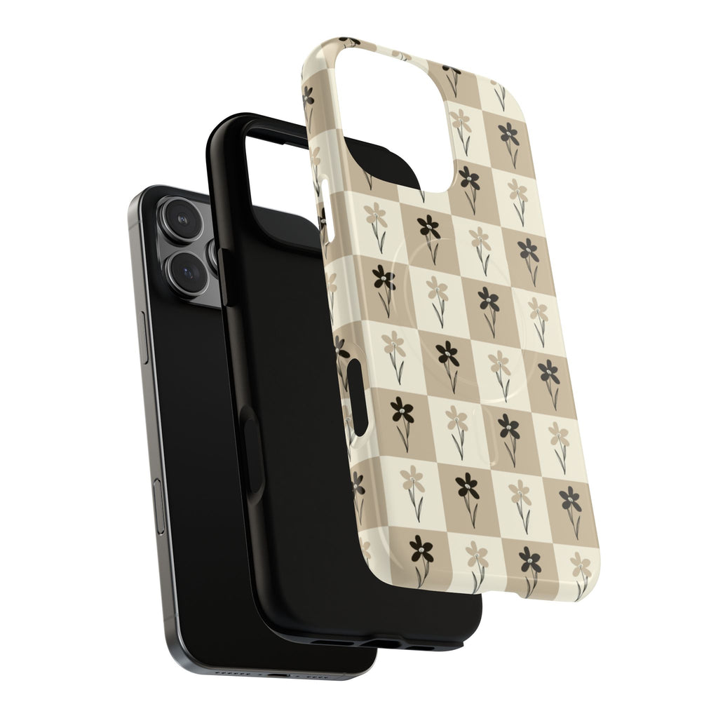 Floral Checkered Tough Magnetic Phone Case — Beige Vintage Flower Grid
