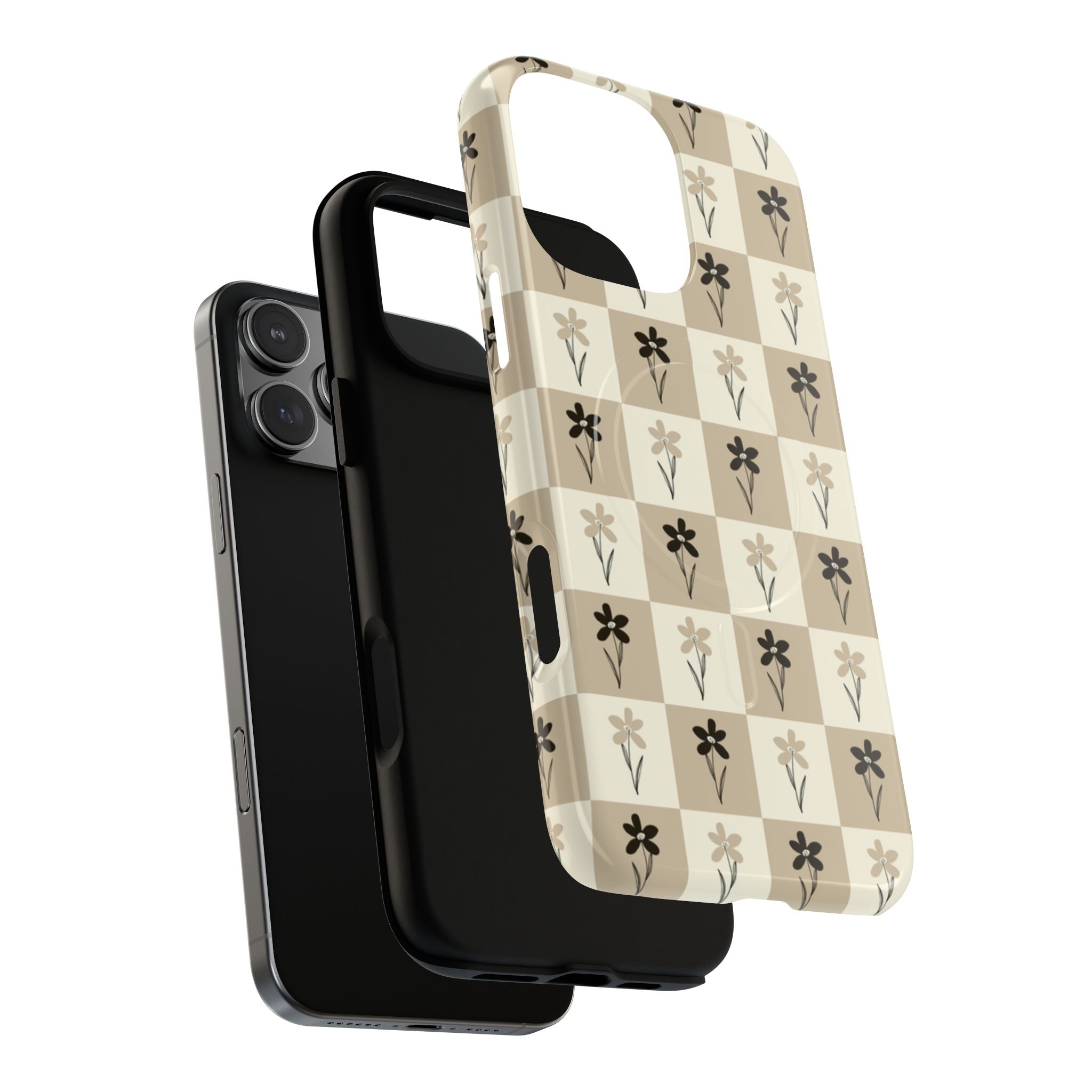 Floral Checkered Tough Magnetic Phone Case — Beige Vintage Flower Grid