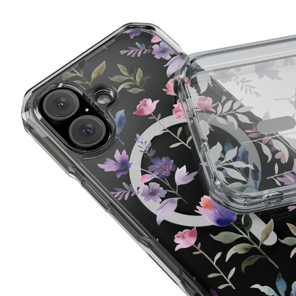 Clear Magnetic Phone Case – Floral Black MagSafe-Compatible Protective Cover