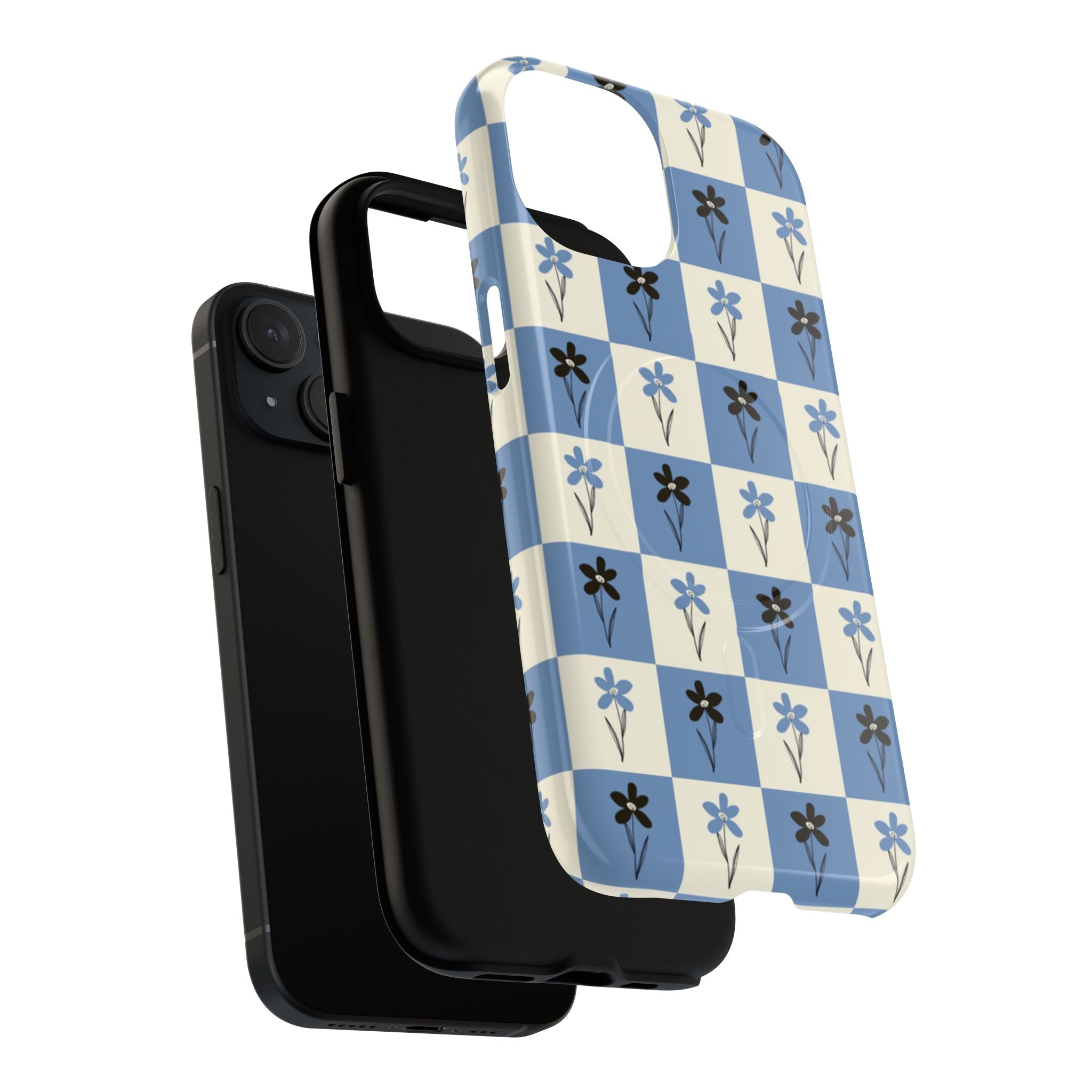 Floral Checkered Phone Case — Blue Vintage Flower Tough Magnetic Case