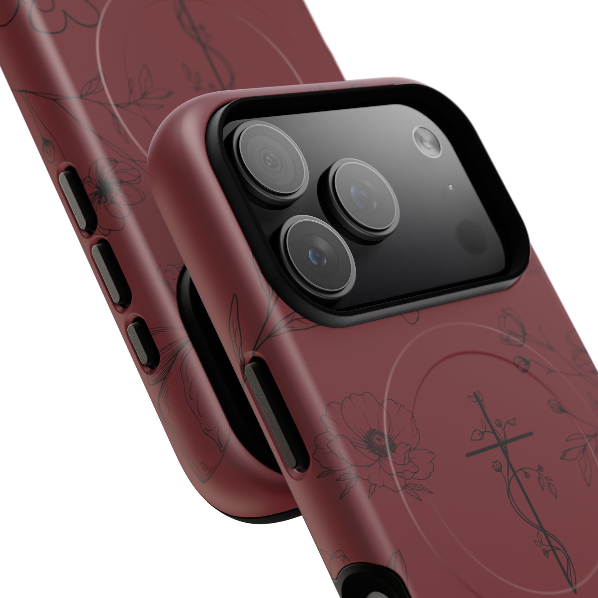 Floral Cross Tough Magnetic Phone Case — Burgundy Protective Cover