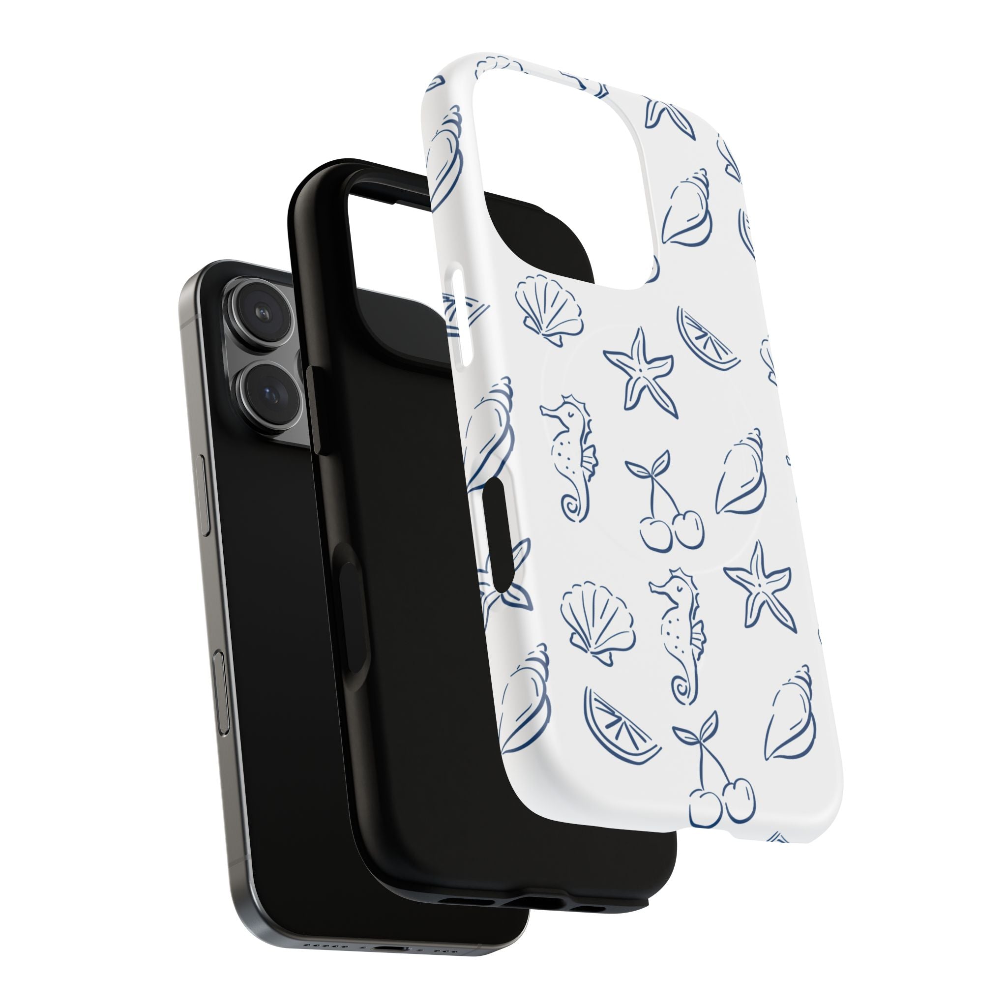 Nautical Sketch Magnetic Phone Case — Seahorse & Seashell Pattern