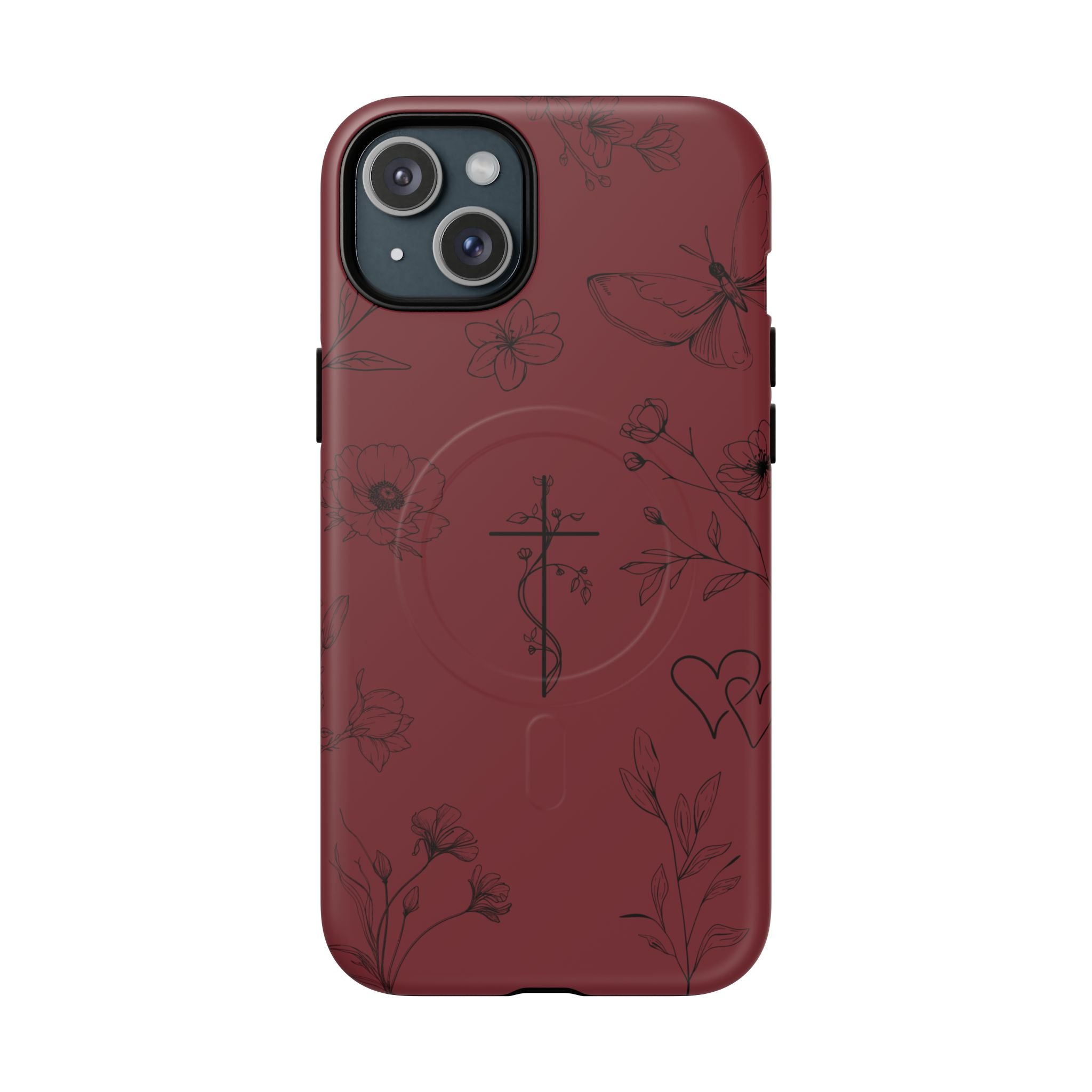 Floral Cross Tough Magnetic Phone Case — Burgundy Protective Cover