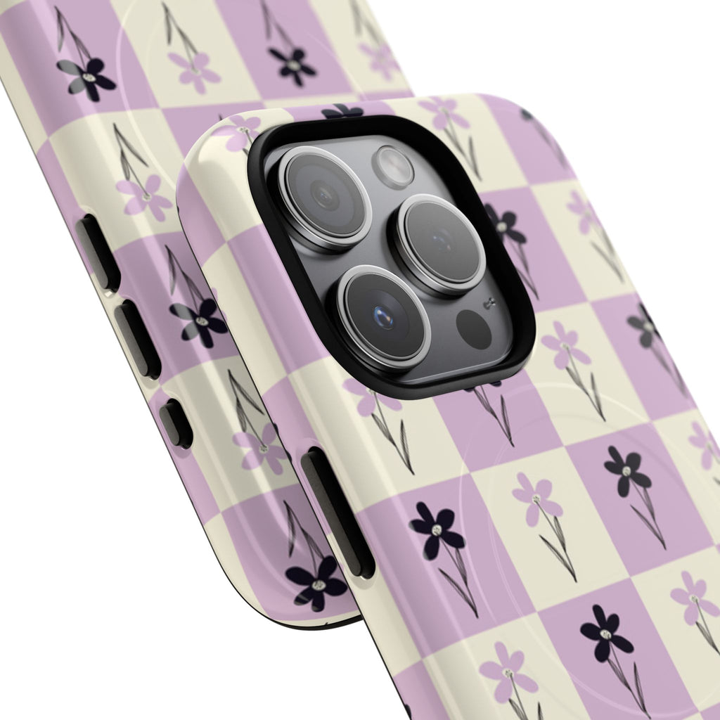 Floral Check Pattern Tough Magnetic Phone Case — Lavender Retro Grid