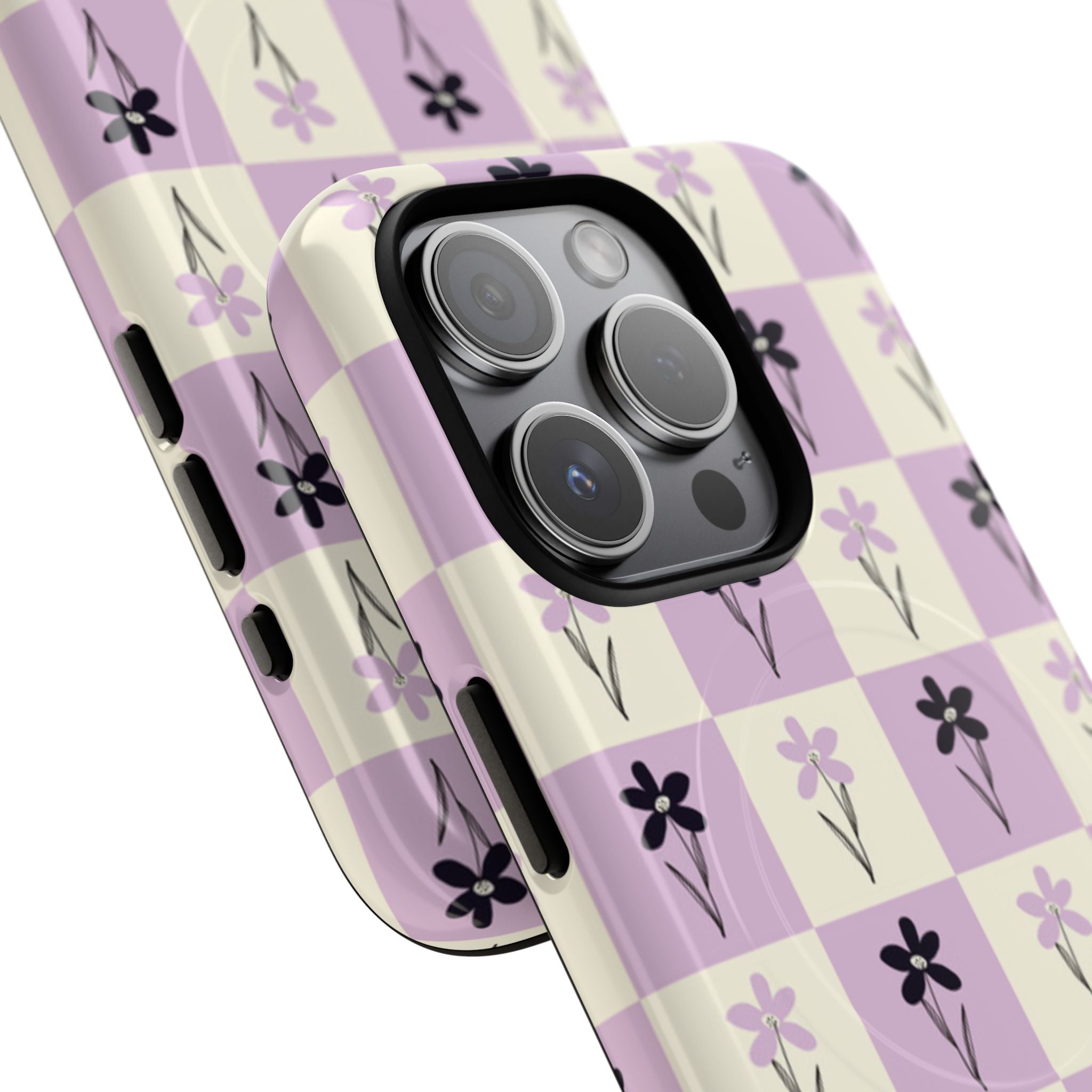 Floral Check Pattern Tough Magnetic Phone Case — Lavender Retro Grid