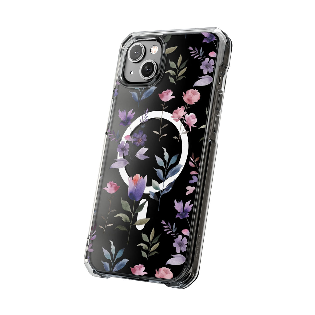 Clear Magnetic Phone Case – Floral Black MagSafe-Compatible Protective Cover