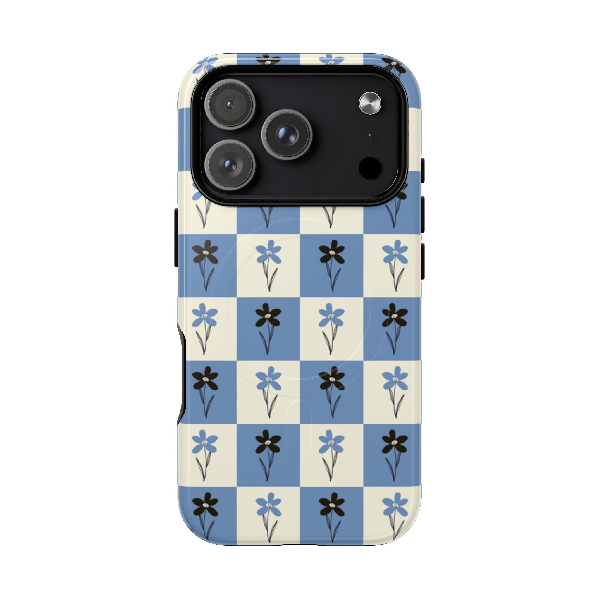 Floral Checkered Phone Case — Blue Vintage Flower Tough Magnetic Case