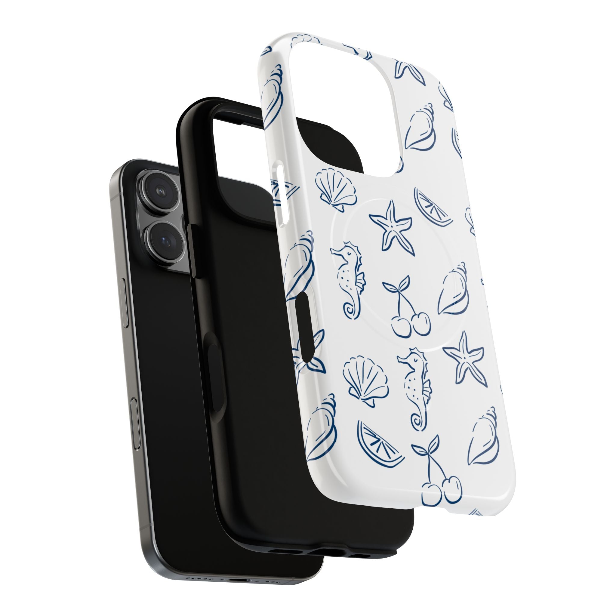 Nautical Sketch Magnetic Phone Case — Seahorse & Seashell Pattern