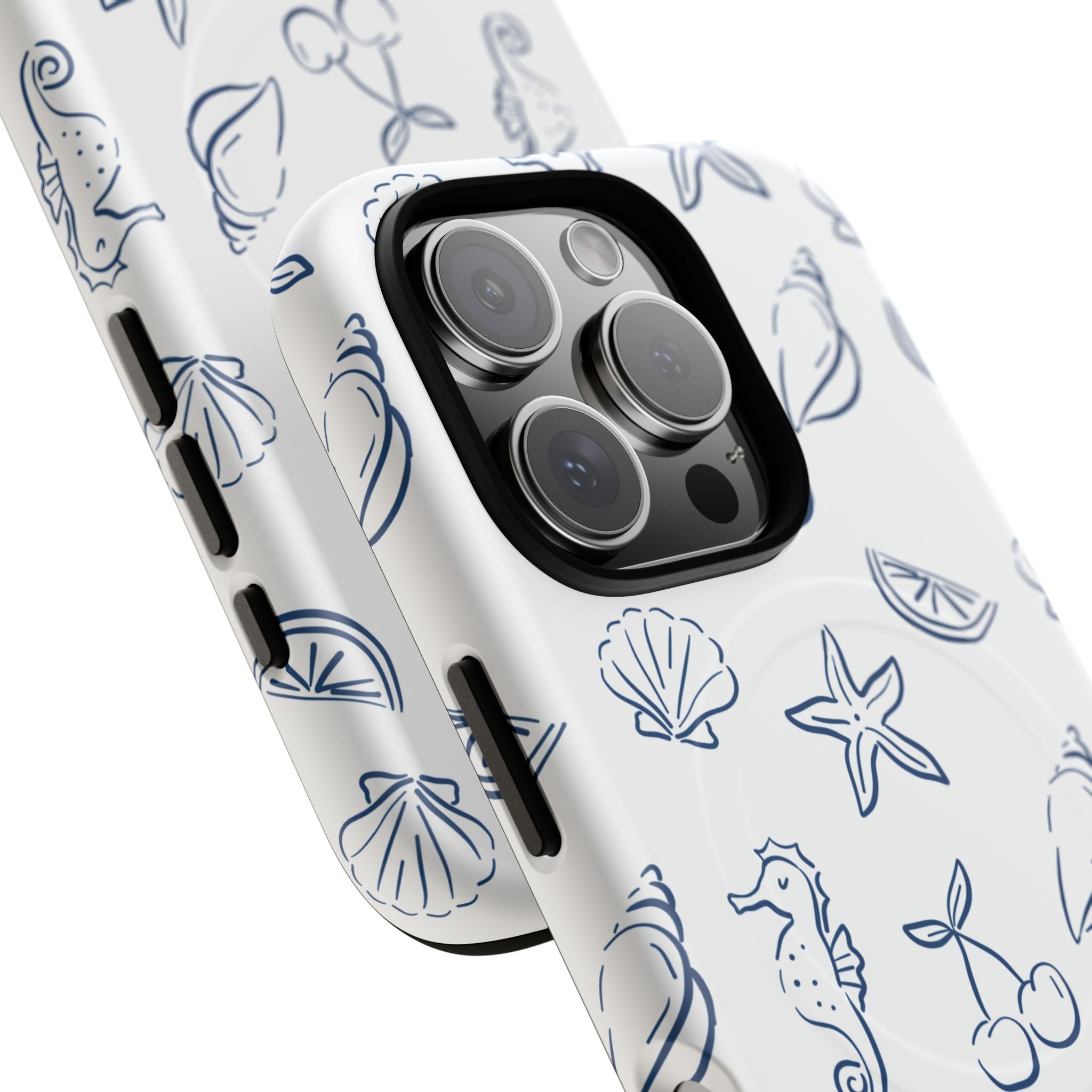 Nautical Sketch Magnetic Phone Case — Seahorse & Seashell Pattern