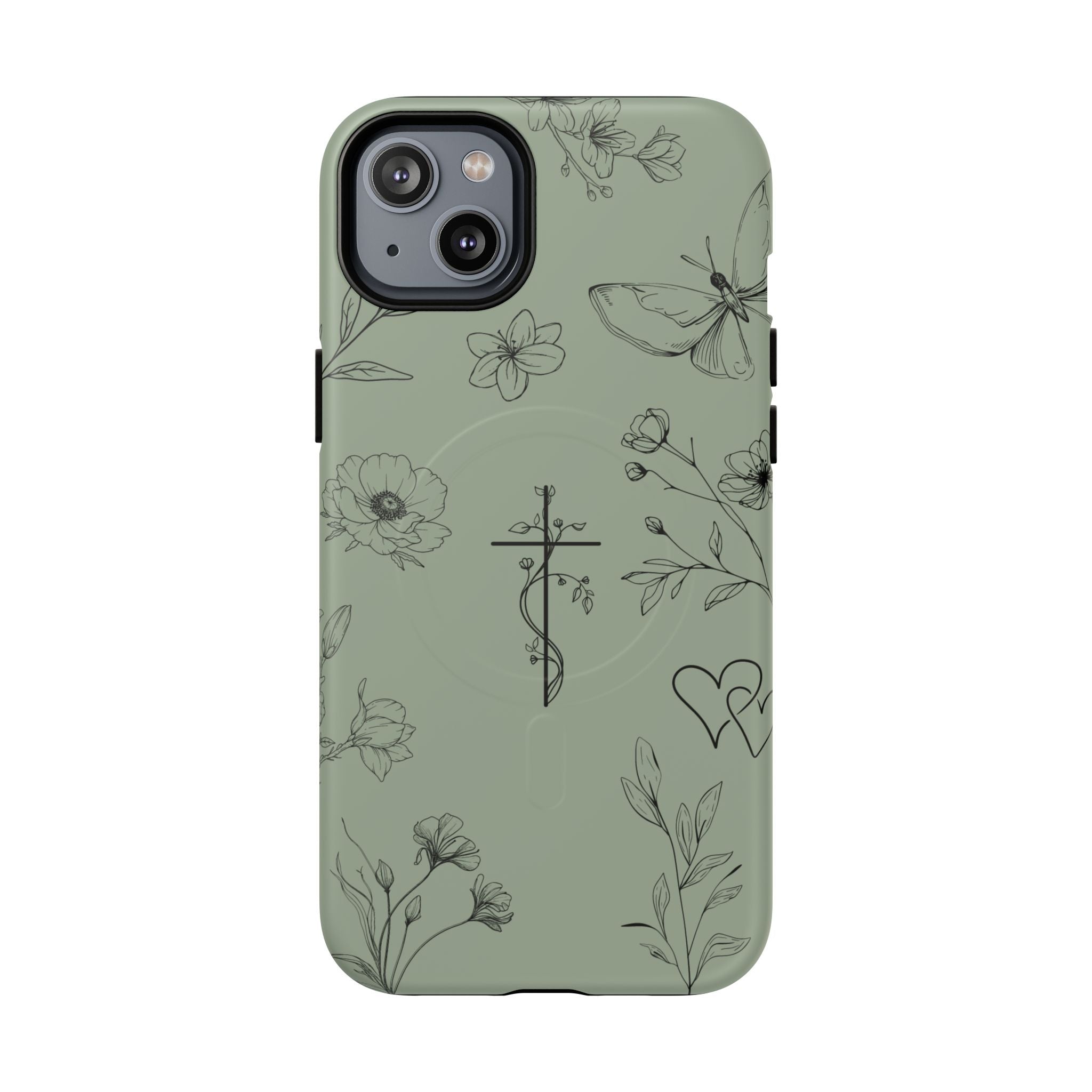 MagSafe phone case - sage green floral cross design