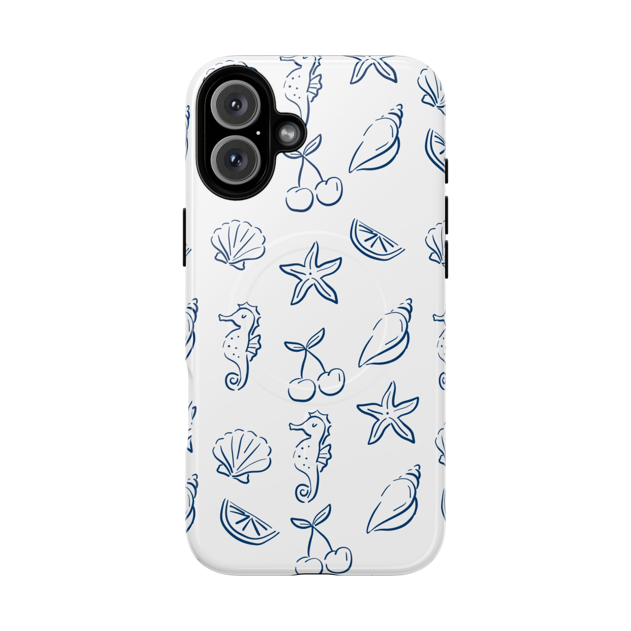Nautical Sketch Magnetic Phone Case — Seahorse & Seashell Pattern