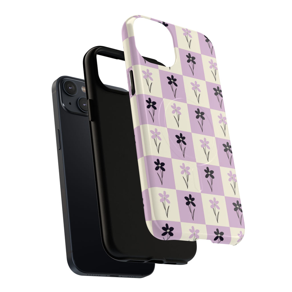 Floral Check Pattern Tough Magnetic Phone Case — Lavender Retro Grid