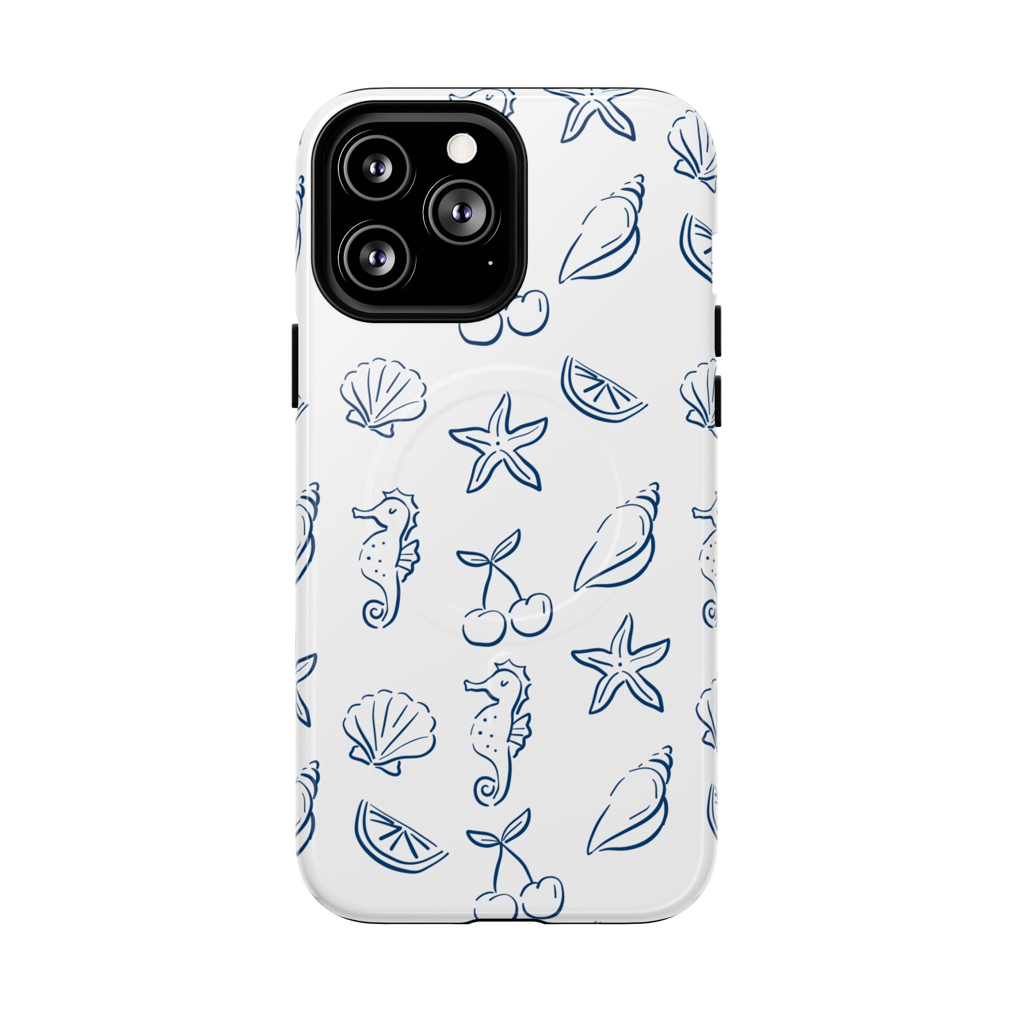 Nautical Sketch Magnetic Phone Case — Seahorse & Seashell Pattern
