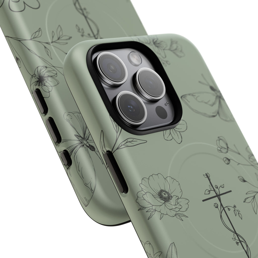 MagSafe phone case - sage green floral cross design