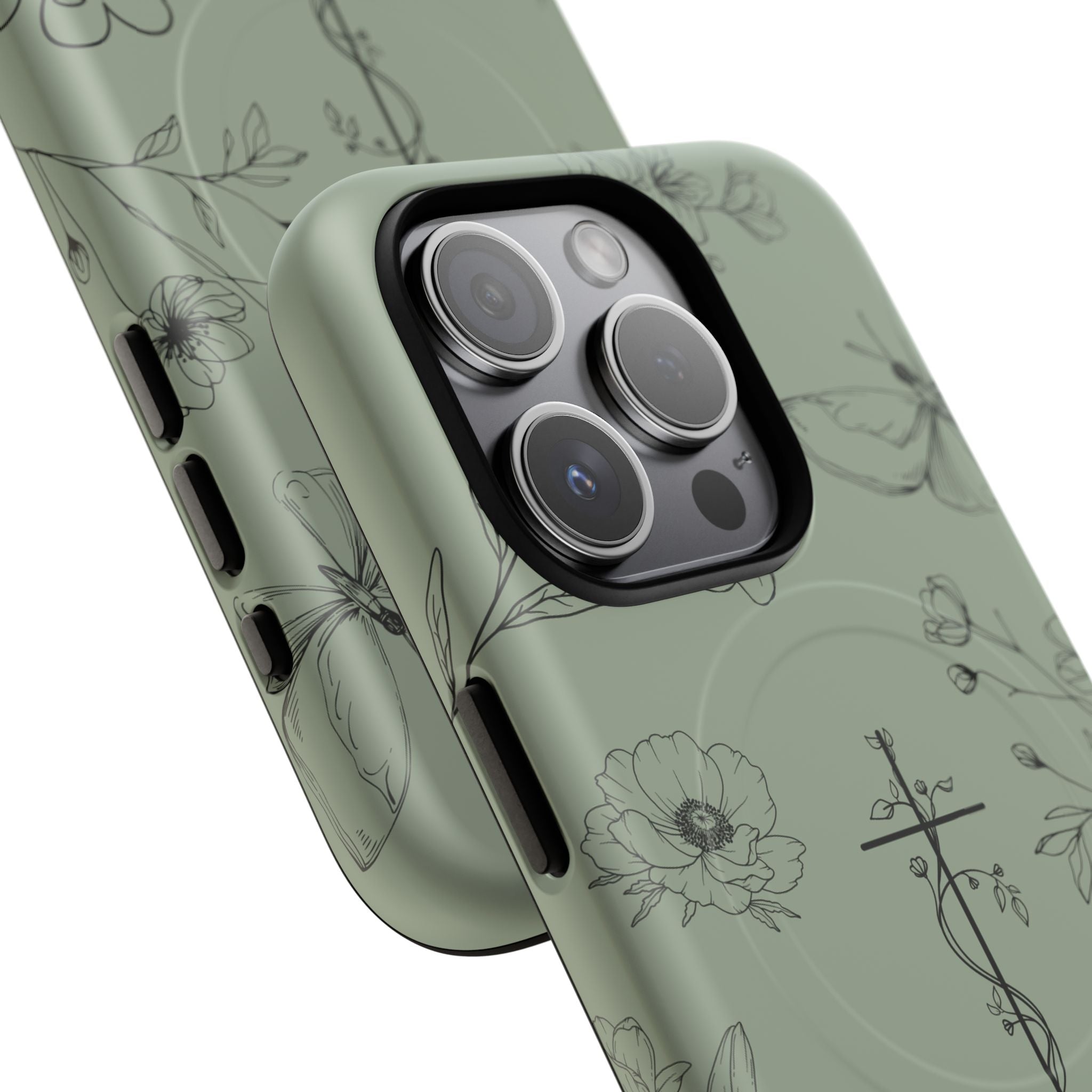 MagSafe phone case - sage green floral cross design