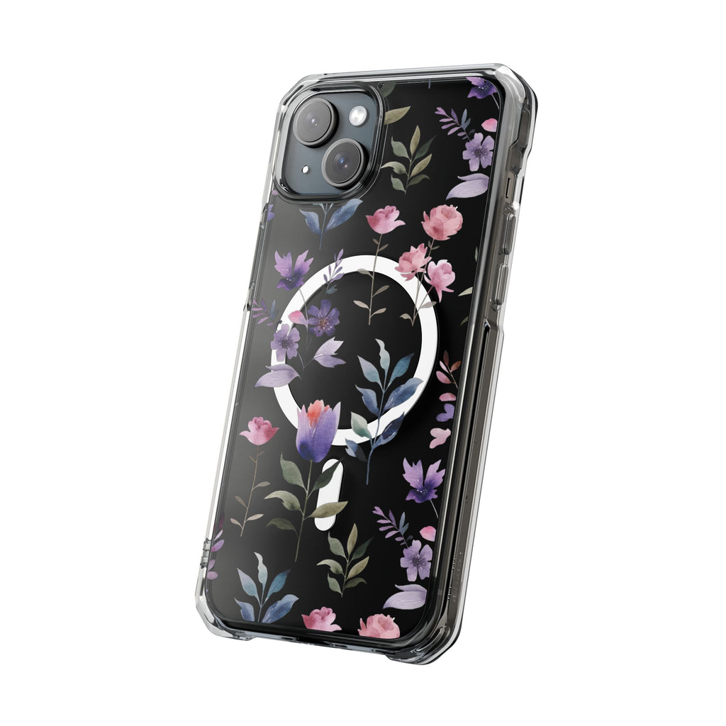 Clear Magnetic Phone Case – Floral Black MagSafe-Compatible Protective Cover