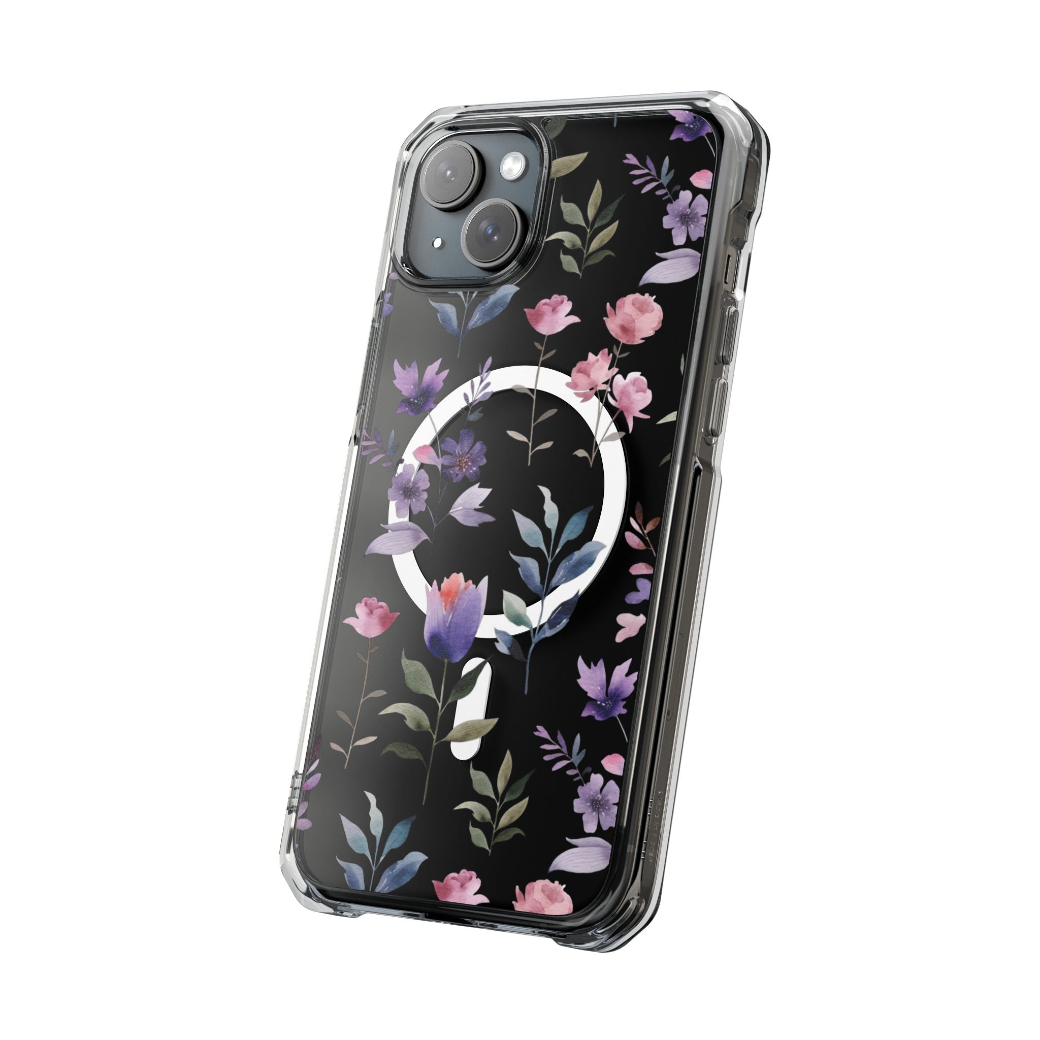 Clear Magnetic Phone Case – Floral Black MagSafe-Compatible Protective Cover