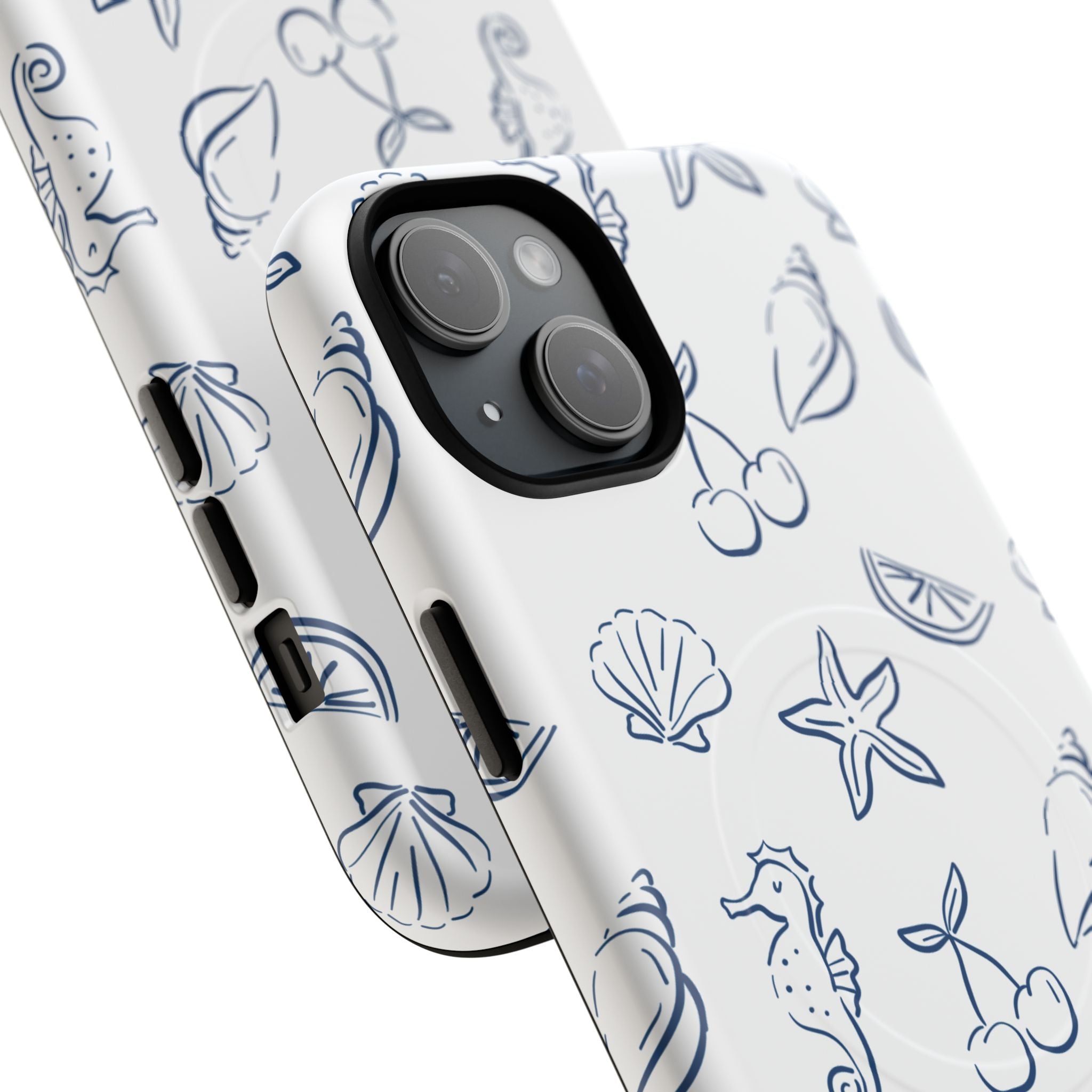 Nautical Sketch Magnetic Phone Case — Seahorse & Seashell Pattern