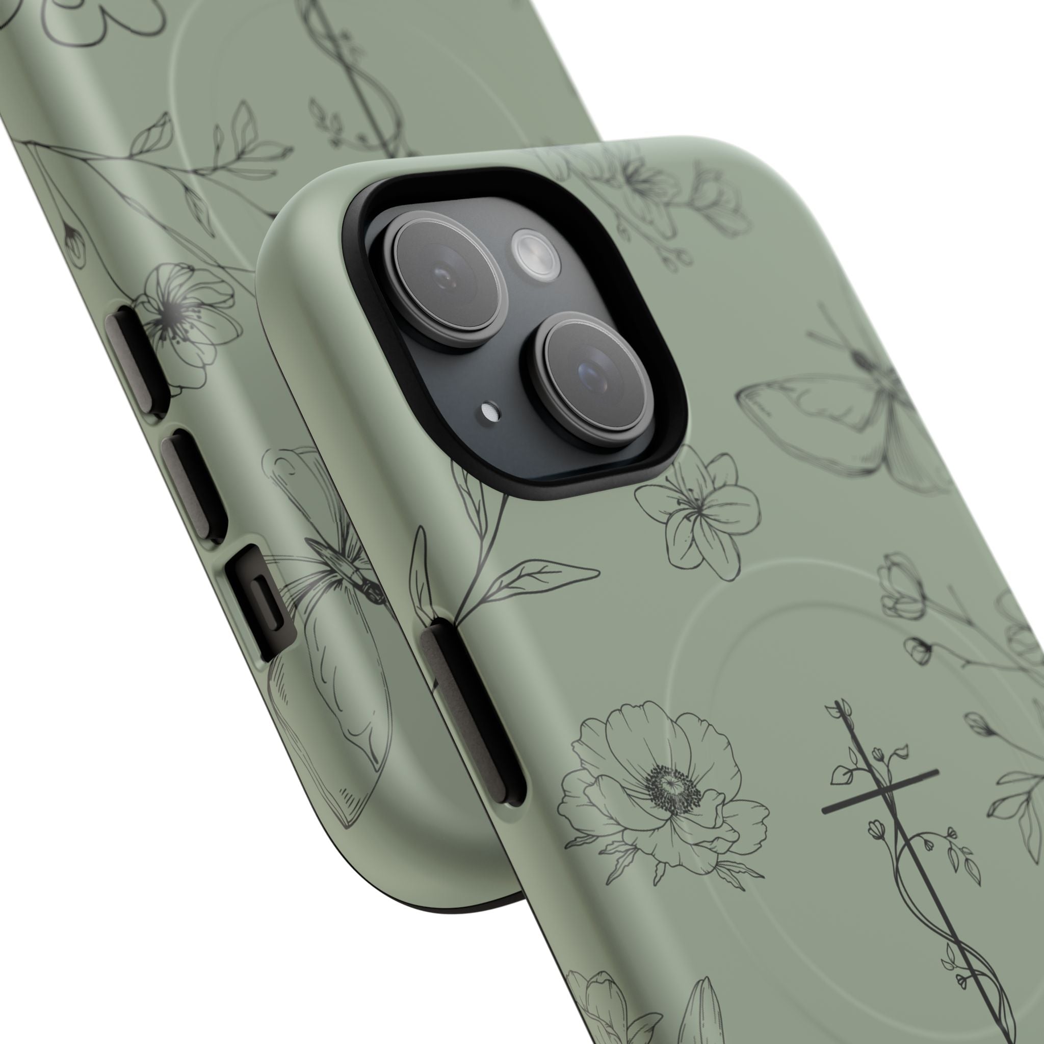 MagSafe phone case - sage green floral cross design
