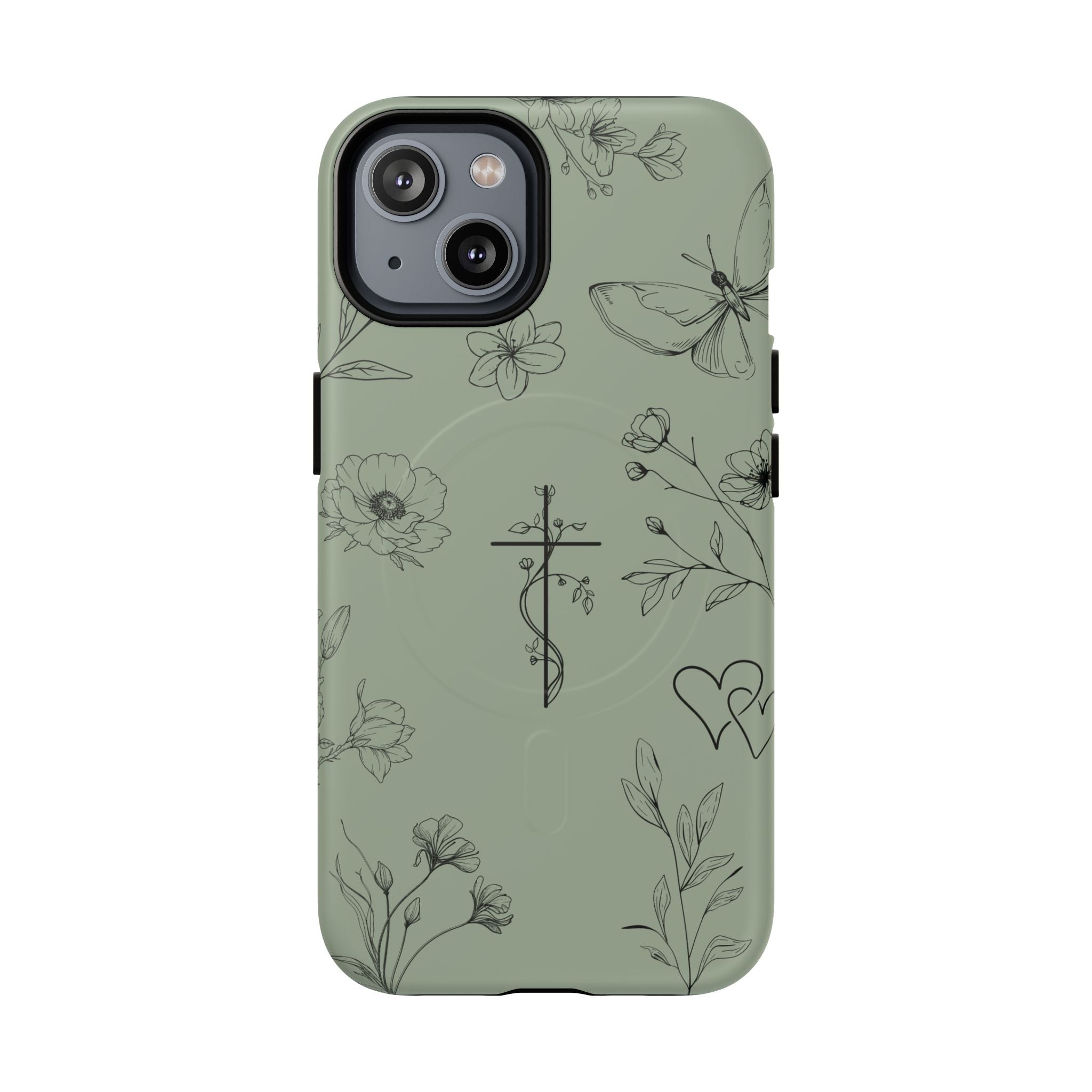 MagSafe phone case - sage green floral cross design
